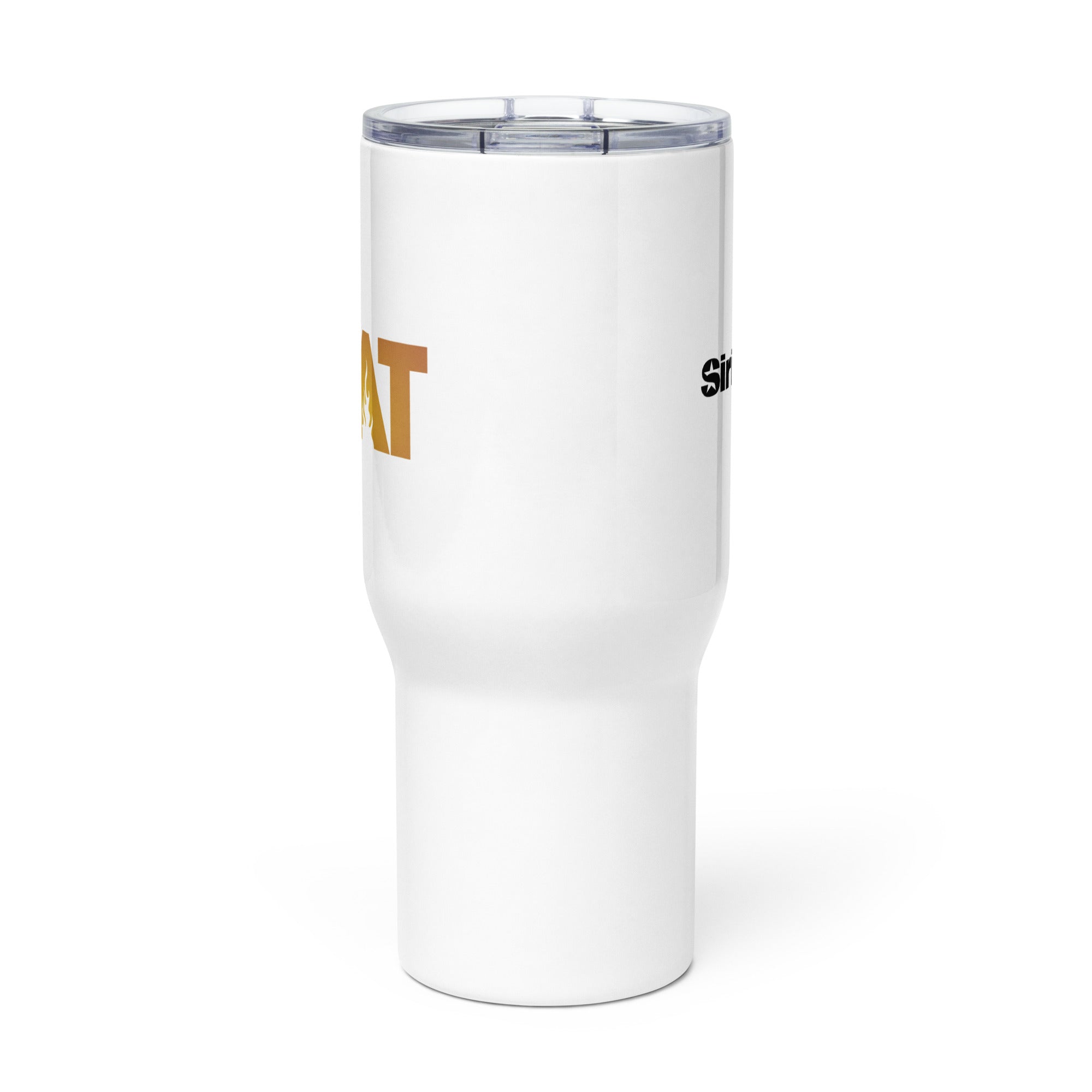 Side view of white insulated travel mug with partial view of front and back logos.