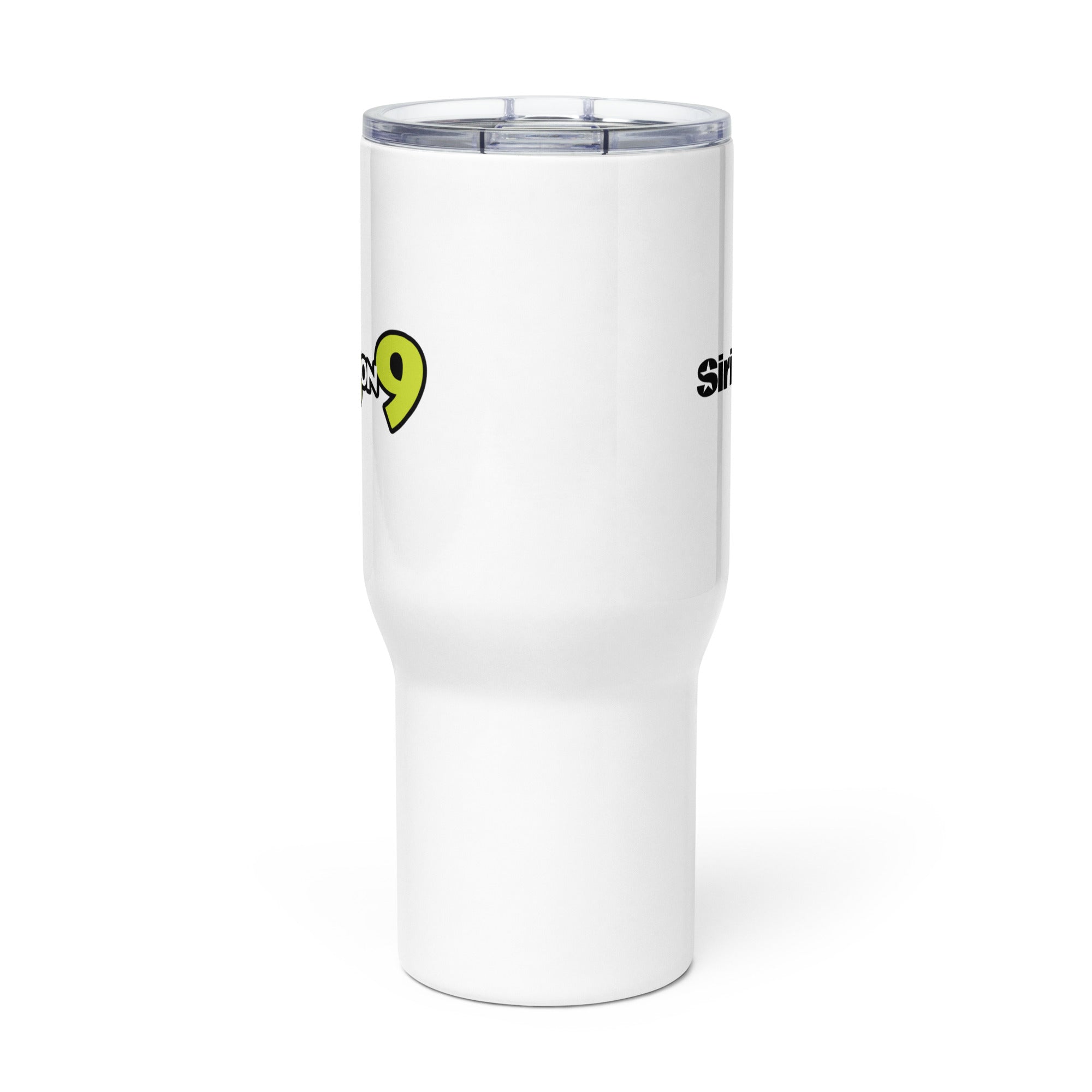 Side view of white insulated travel mug with partial view of front and back logos.