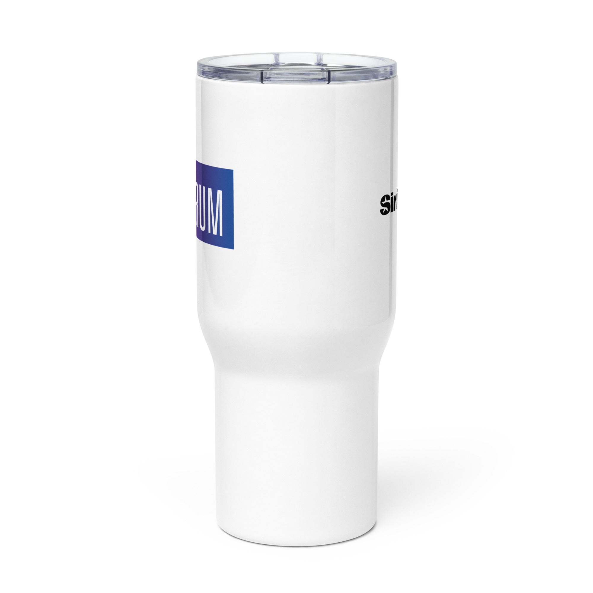 Side view of white insulated travel mug with partial view of front and back logos.