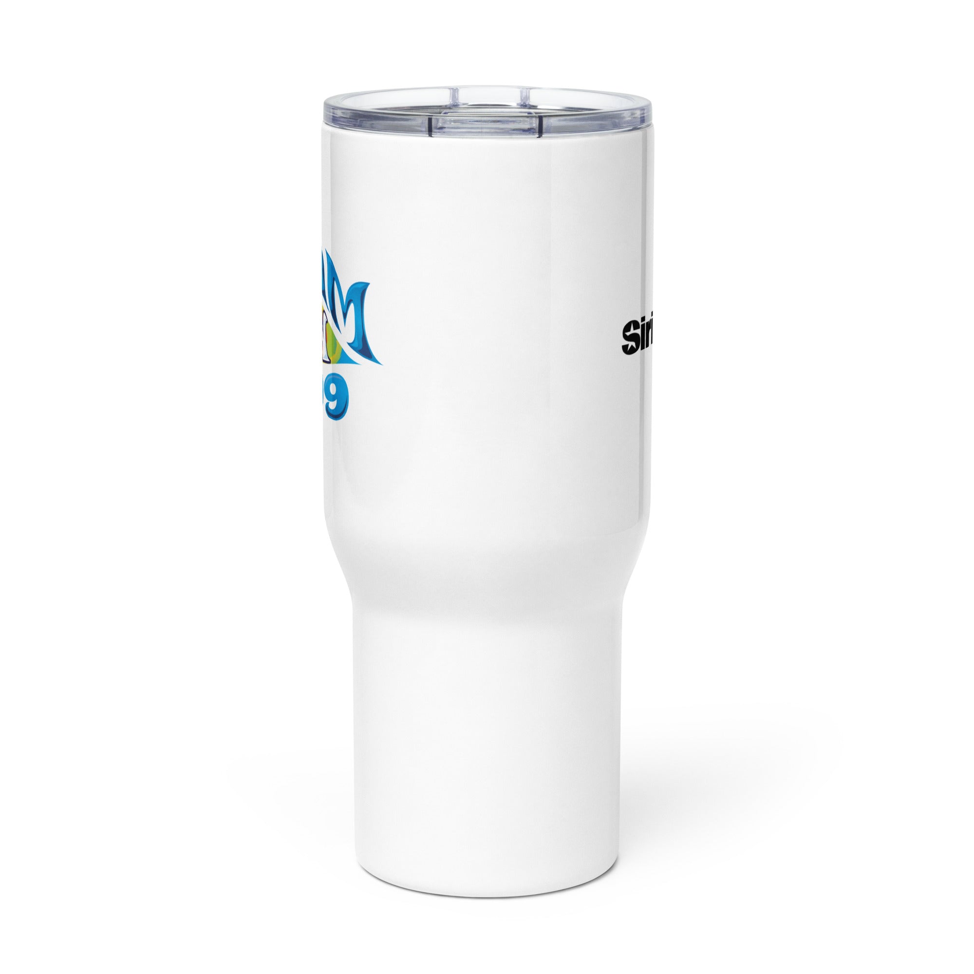 Side view of white insulated travel mug with partial view of front and back logos.