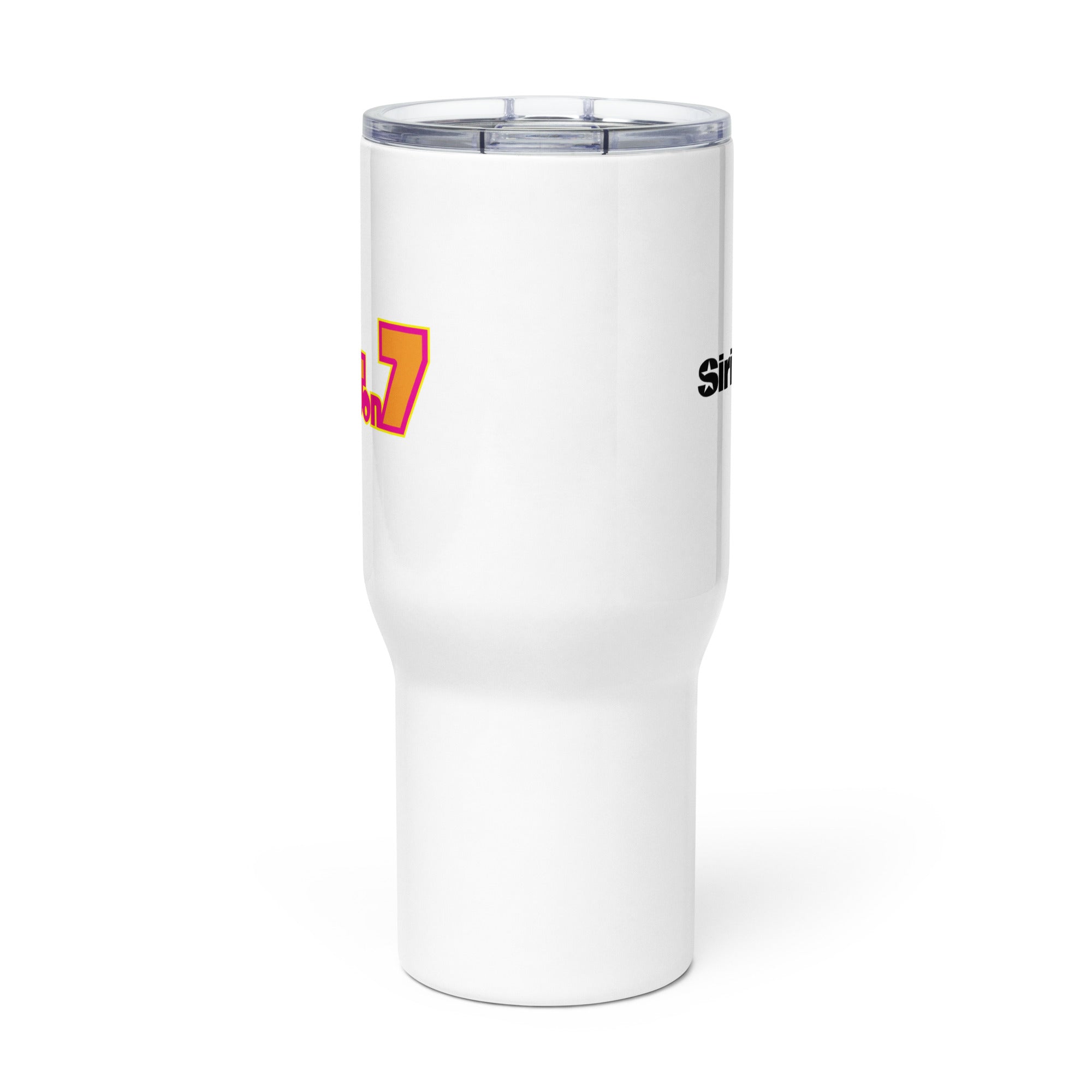 Side view of white insulated travel mug with partial view of front and back logos.