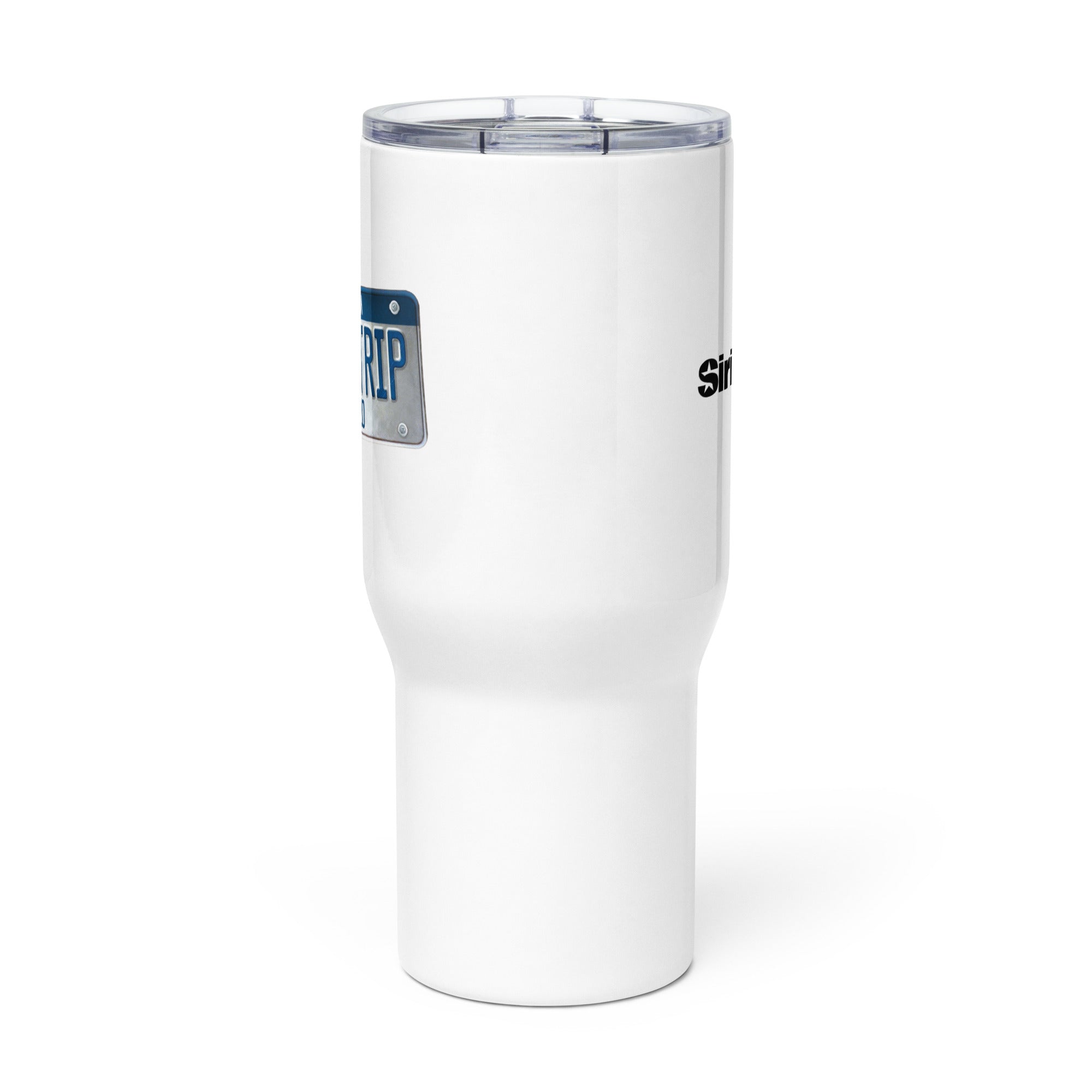 Side view of white insulated travel mug with partial view of front and back logos.