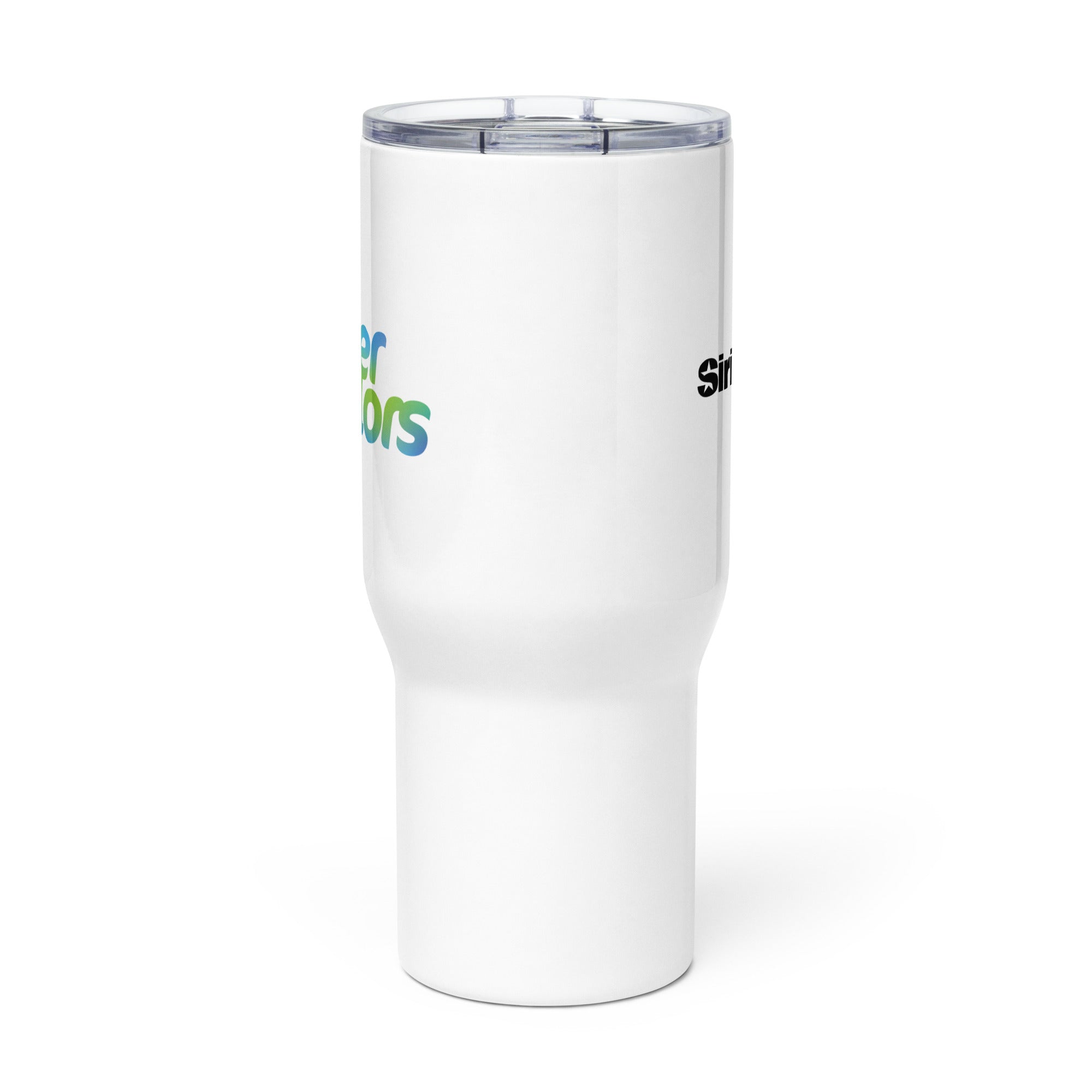 Side view of white insulated travel mug with partial view of front and back logos.
