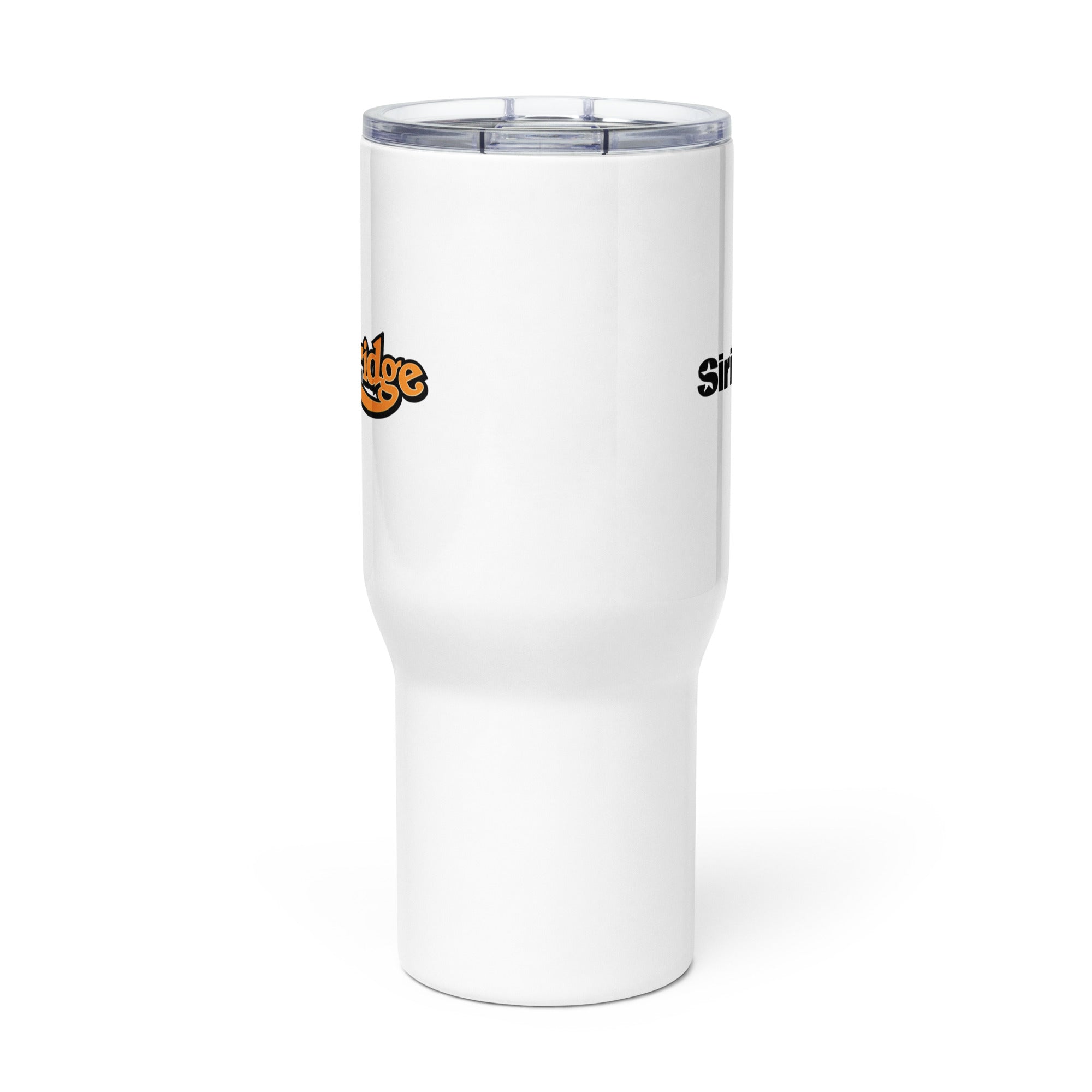 Side view of white insulated travel mug with partial view of front and back logos.