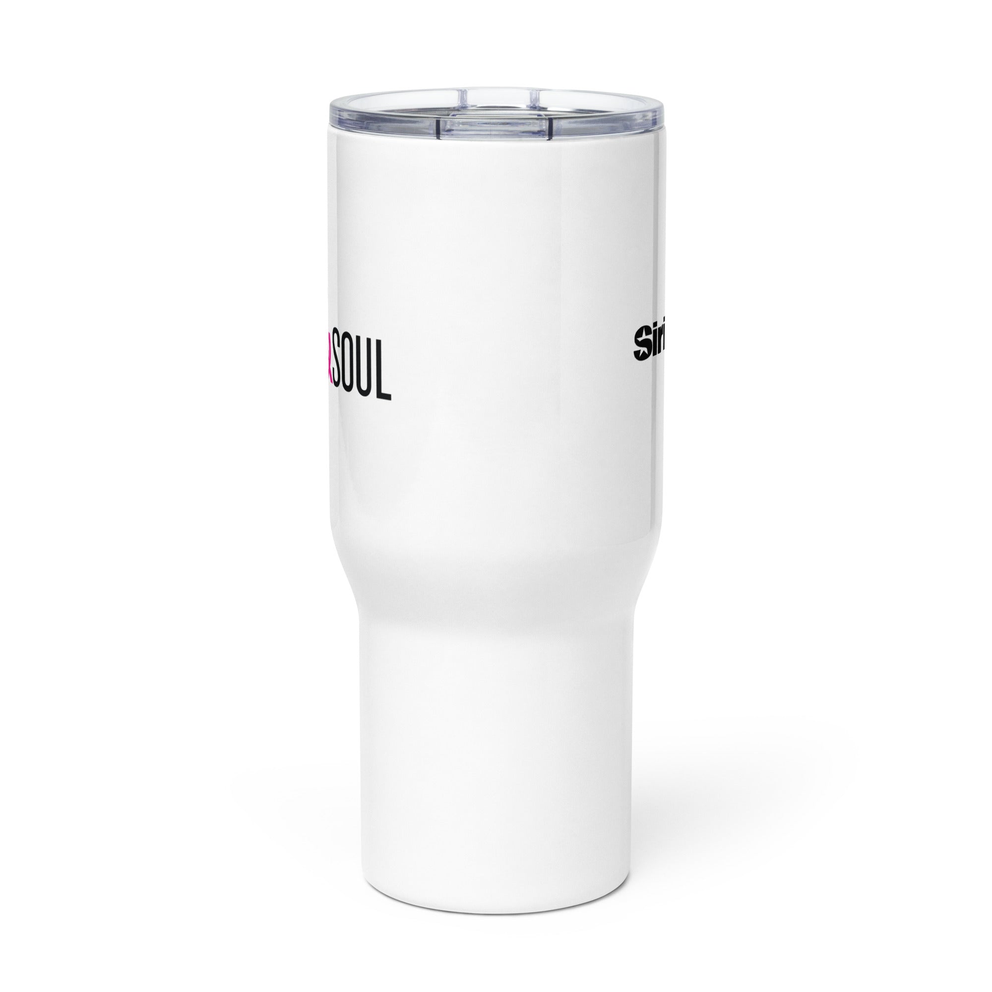 Side view of white insulated travel mug with partial view of front and back logos.
