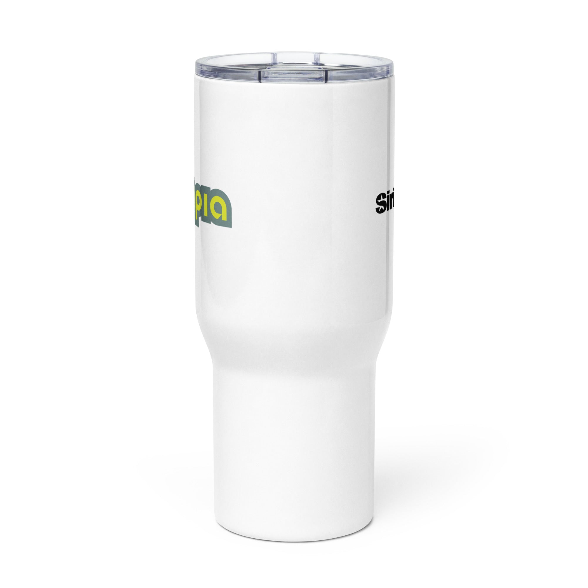 Side view of white insulated travel mug with partial view of front and back logos.