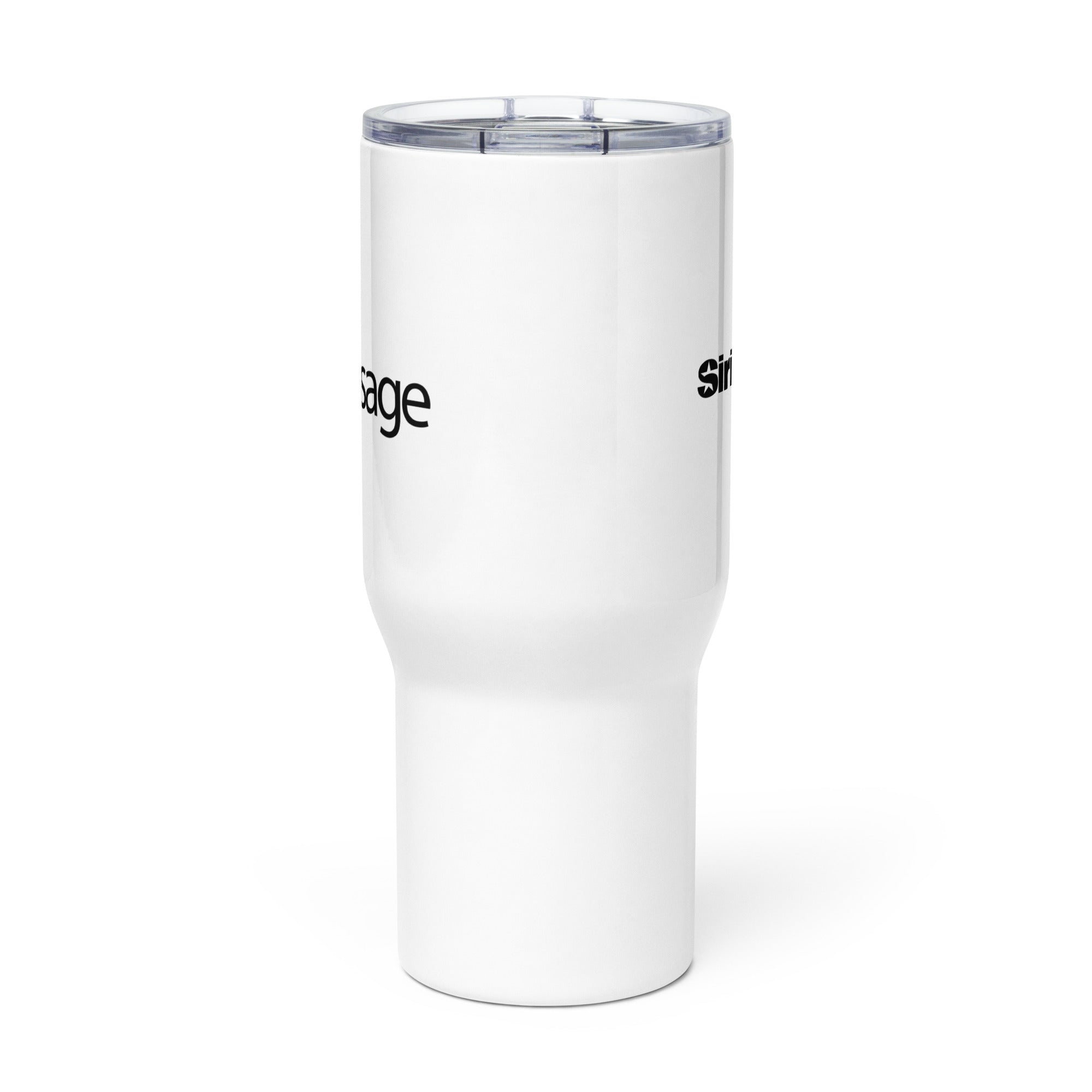 Side view of white insulated travel mug with partial view of front and back logos.