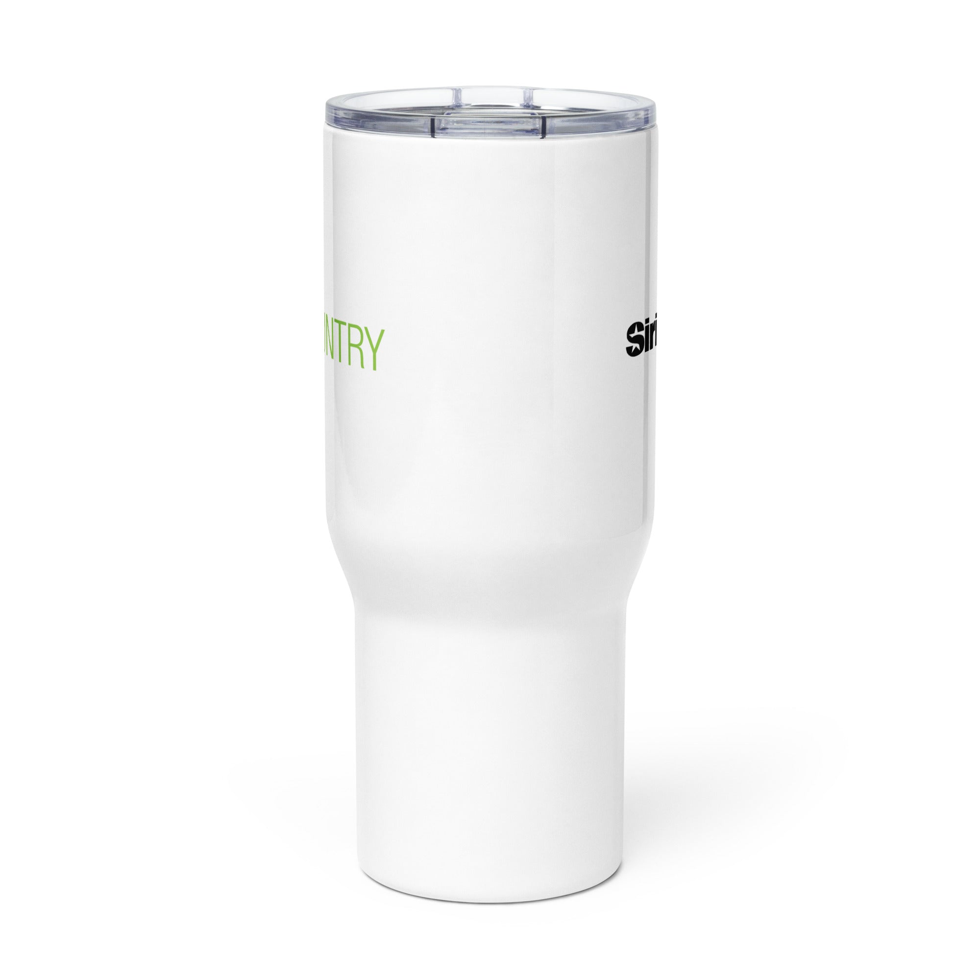 Side view of white insulated travel mug with partial view of front and back logos.