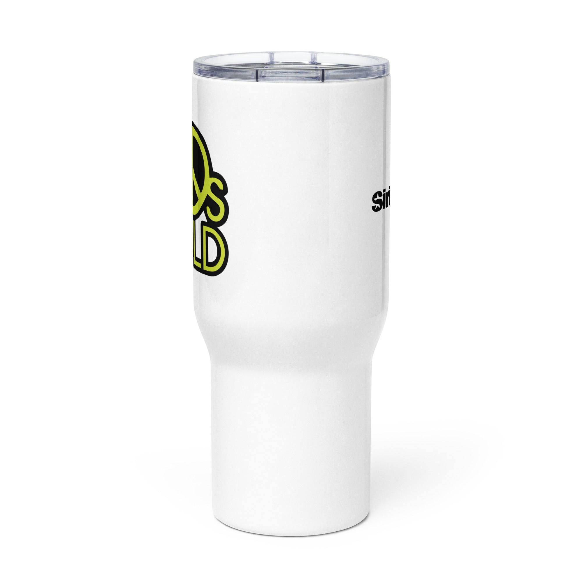 Side view of white insulated travel mug with partial view of front and back logos.