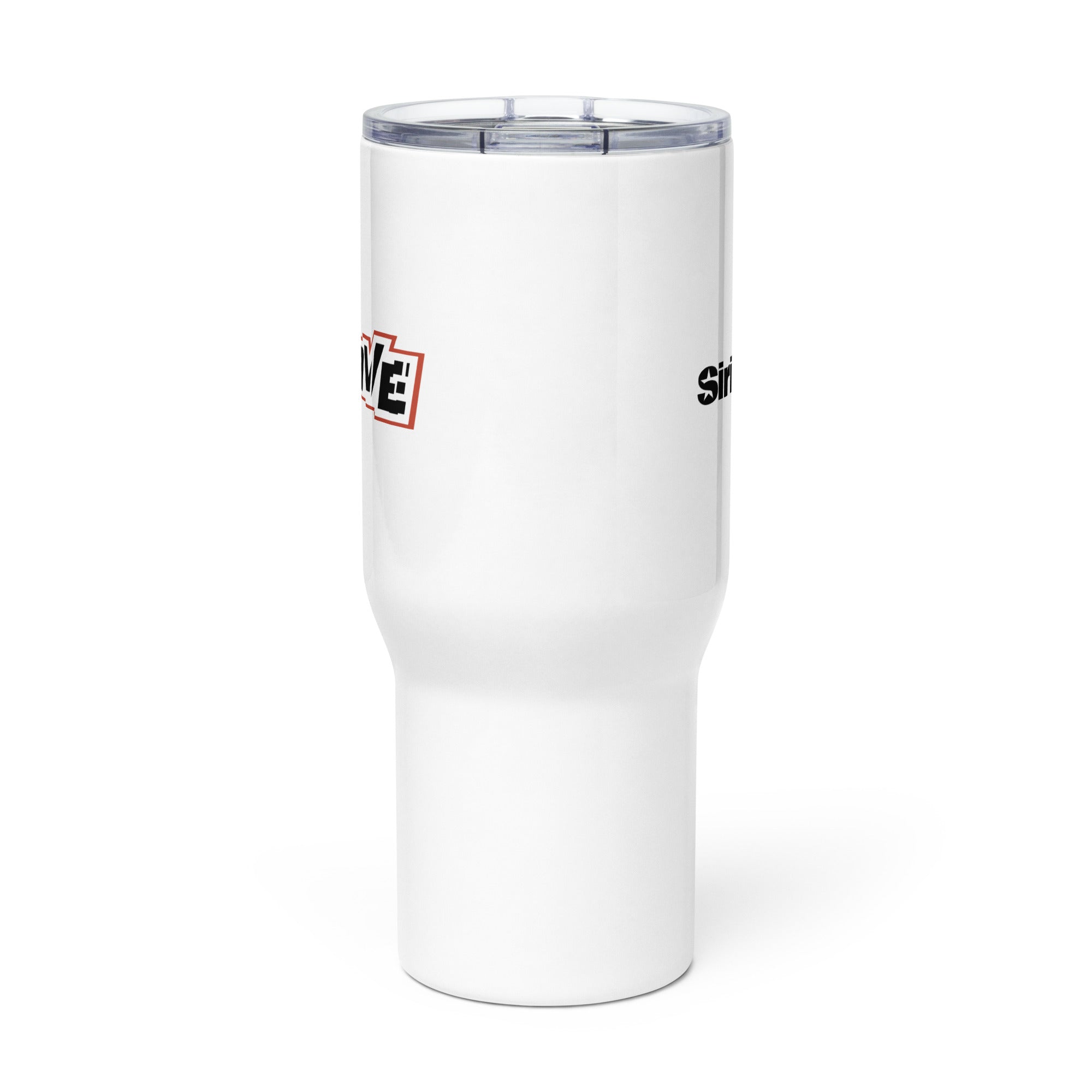 Side view of white insulated travel mug with partial view of front and back logos.