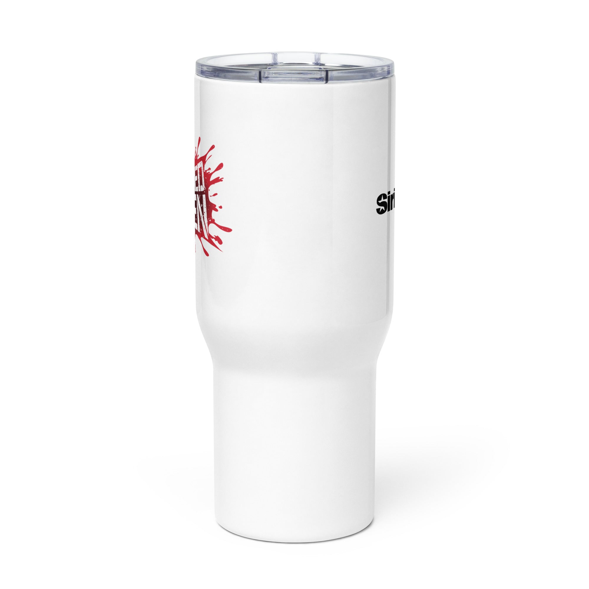 Side view of white insulated travel mug with partial view of front and back logos.