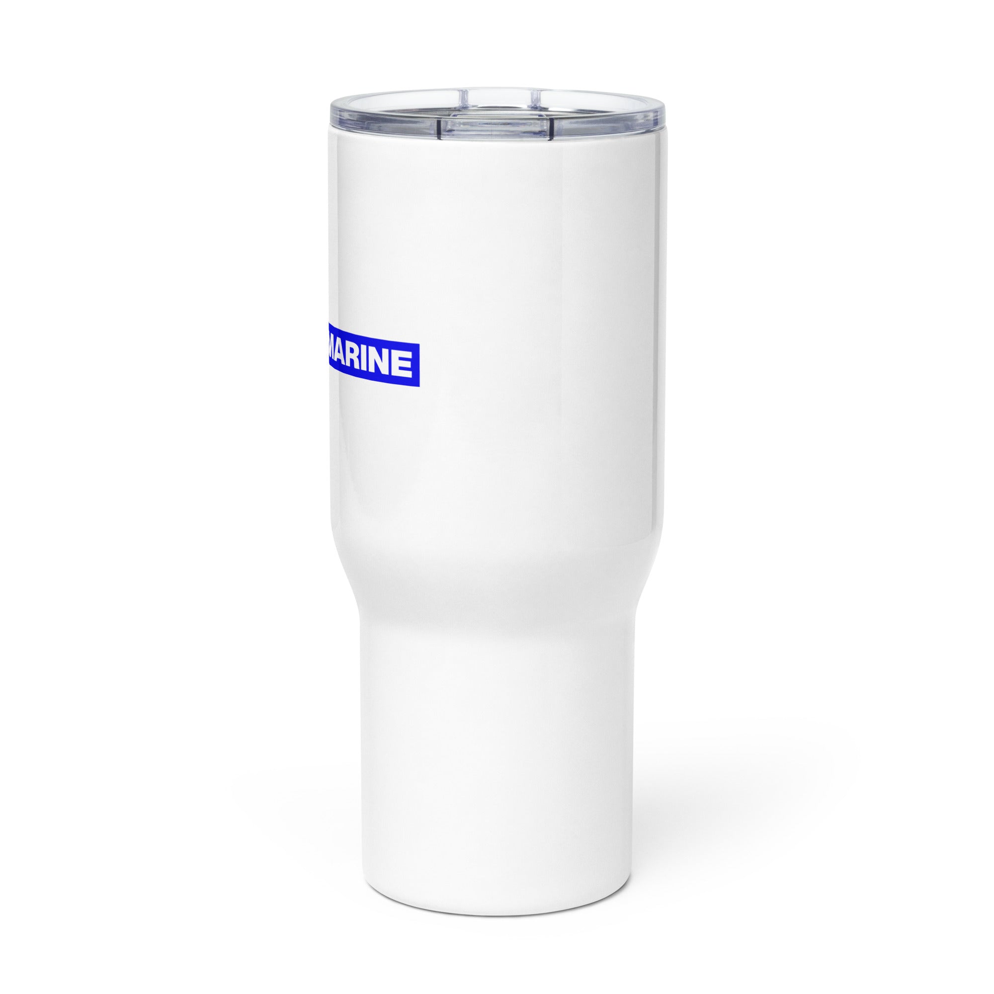 White insulated tumbler with clear lid, view from side.