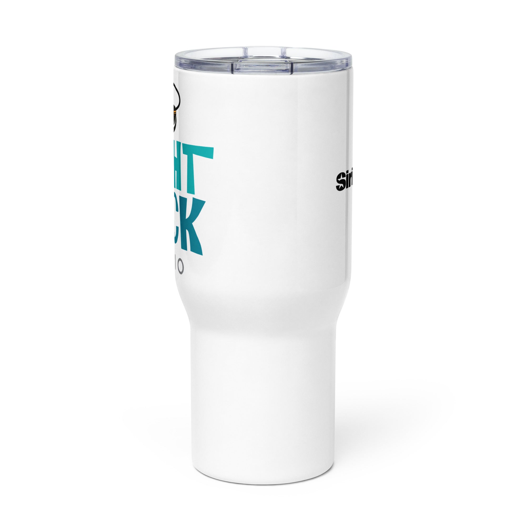 Side view of white insulated travel mug with partial view of front and back logos.