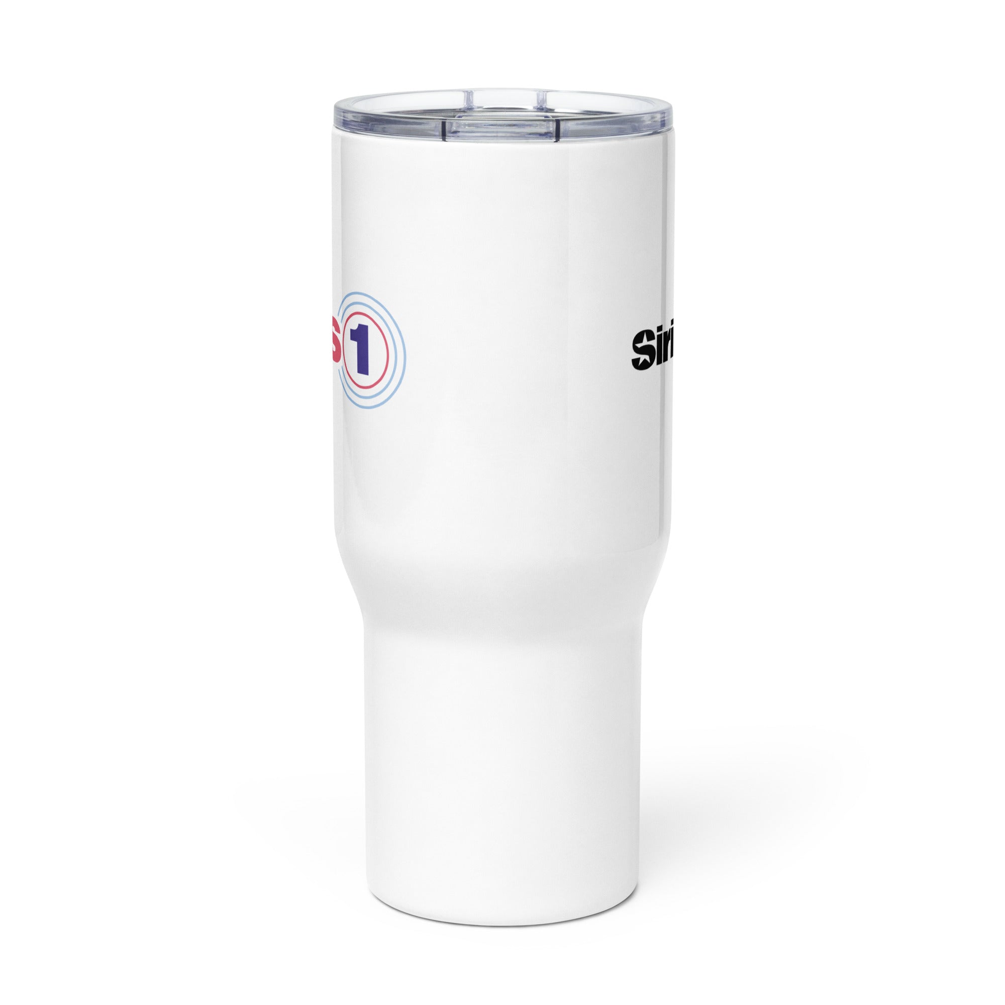 Side view of travel Mug with 'Hits 1' logo on front and 'SiriusXM' logo on back.