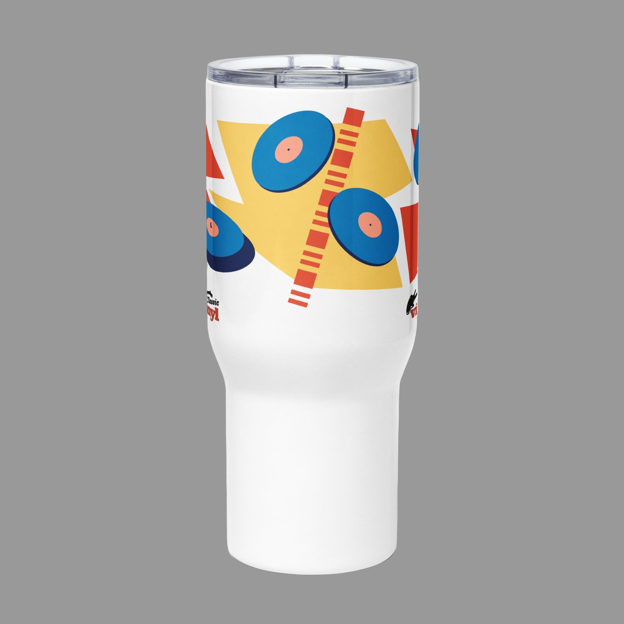 Front view of a white 25 oz travel mug with a clear lid, shown on a gray background. The mug features a colorful wraparound design with blue vinyl records over red and yellow geometric shapes, plus a small 'Classic vinyl' logo in black and red near the bottom.