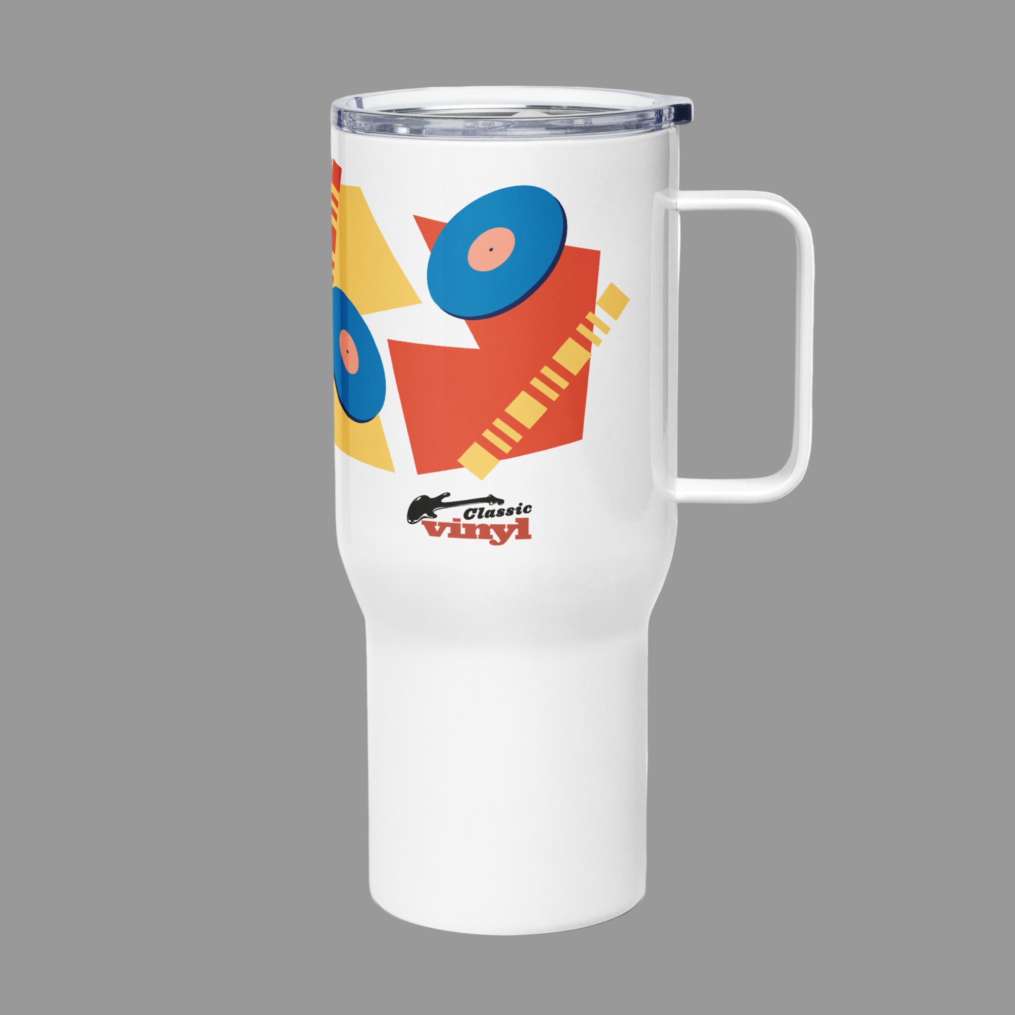 Left-side view of a white 25 oz travel mug with a handle and clear lid, displayed on a gray background. The mug shows an abstract graphic of blue vinyl records with red and yellow geometric accents and the 'Classic vinyl' logo printed near the base.
