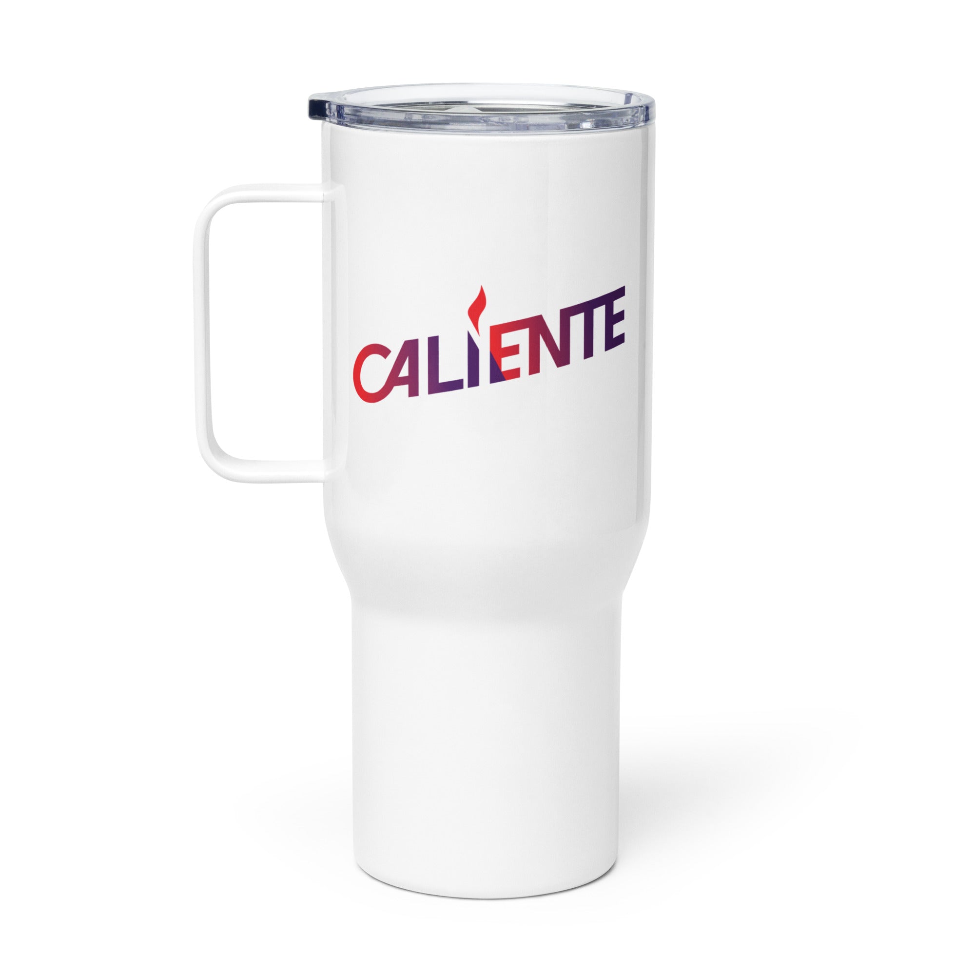 White insulated mug with the word 'CALIENTE' in purple and red lettering.