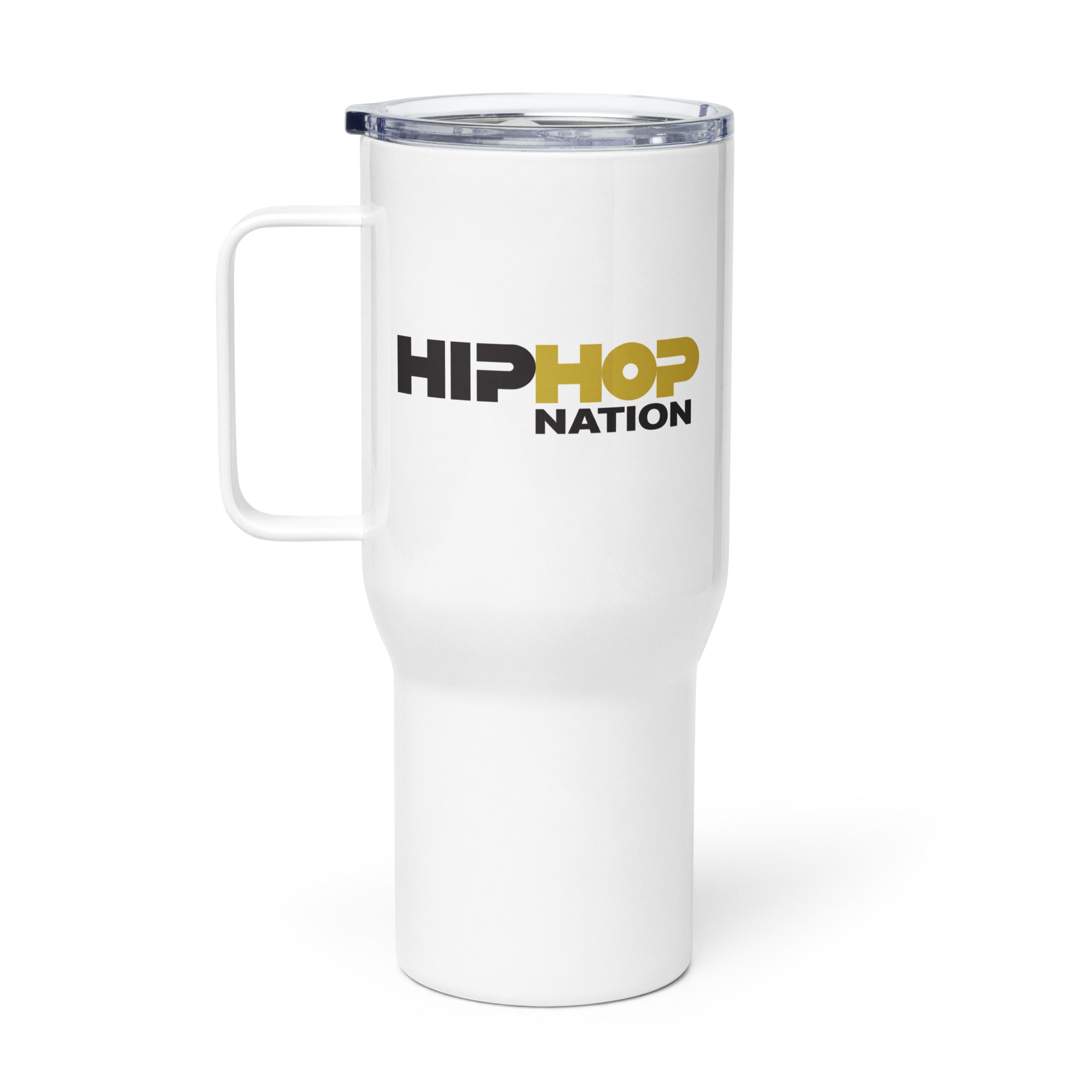 White travel mug with 'HIP HOP NATION' printed in black and gold text.