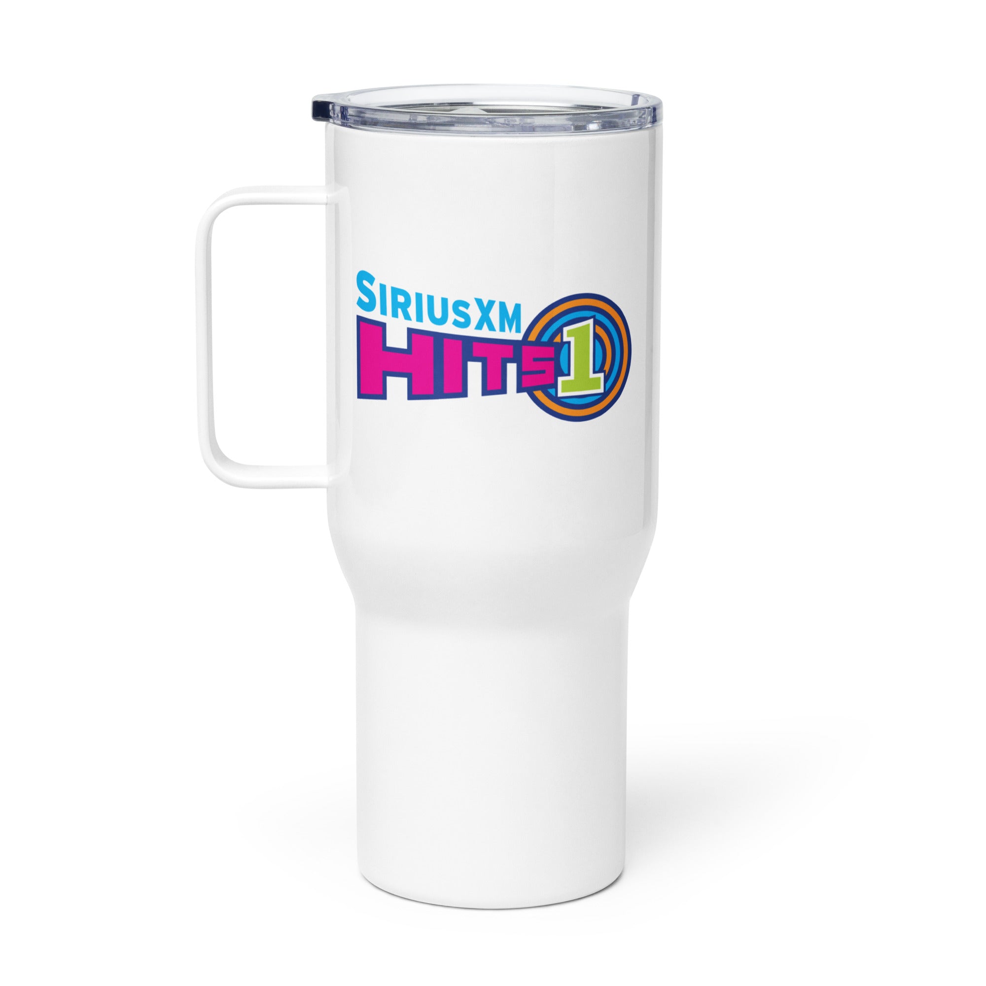 White travel mug featuring the 'SiriusXM Hits 1' logo in vibrant colors.