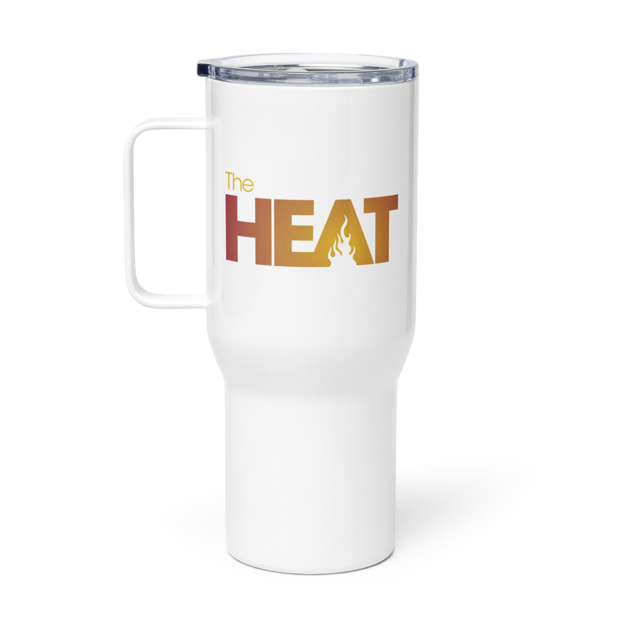 White mug with a handle featuring the text 'The HEAT' in gradient orange and yellow with a flame graphic.
