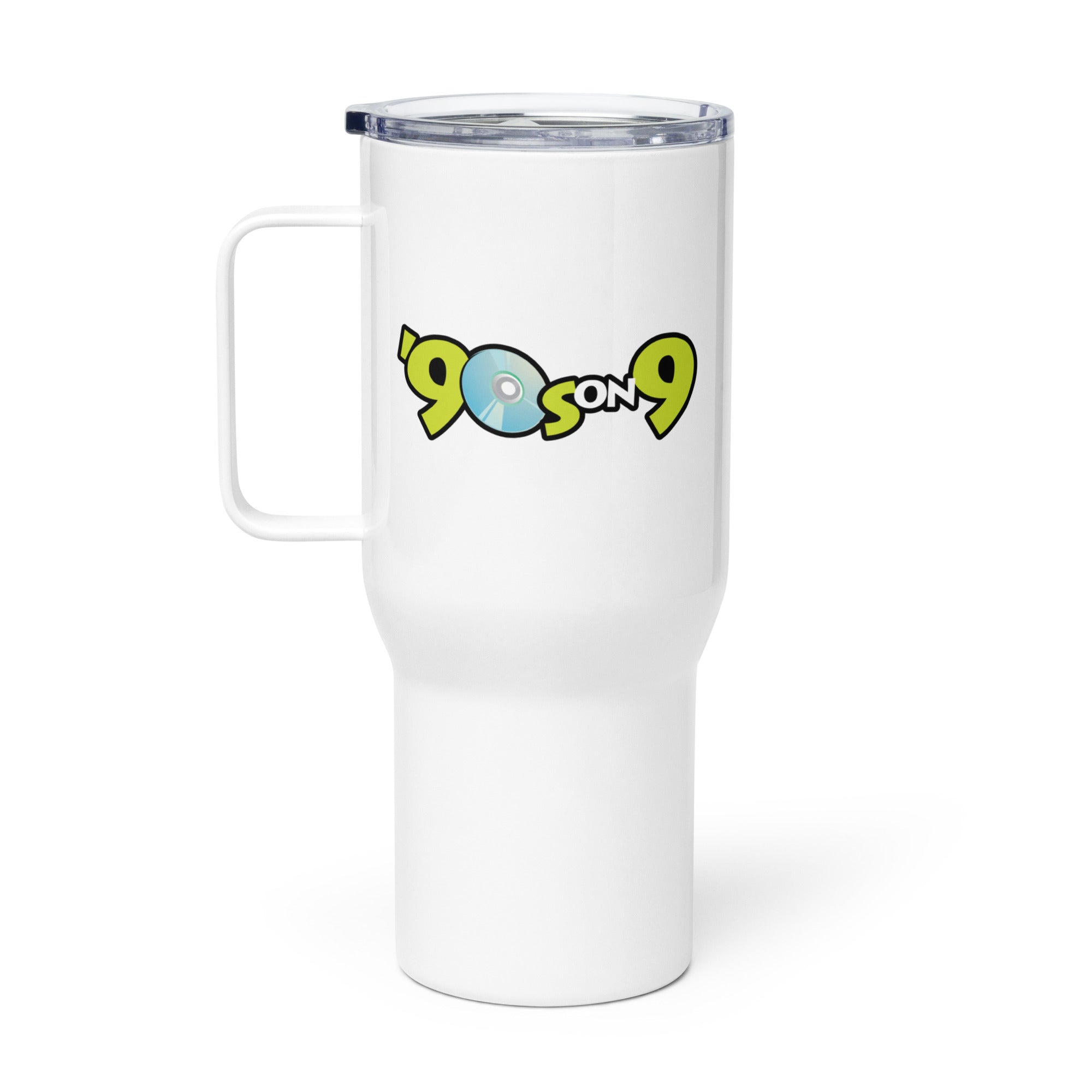White travel mug with a logo reading '90s on 9' featuring a compact disc design.