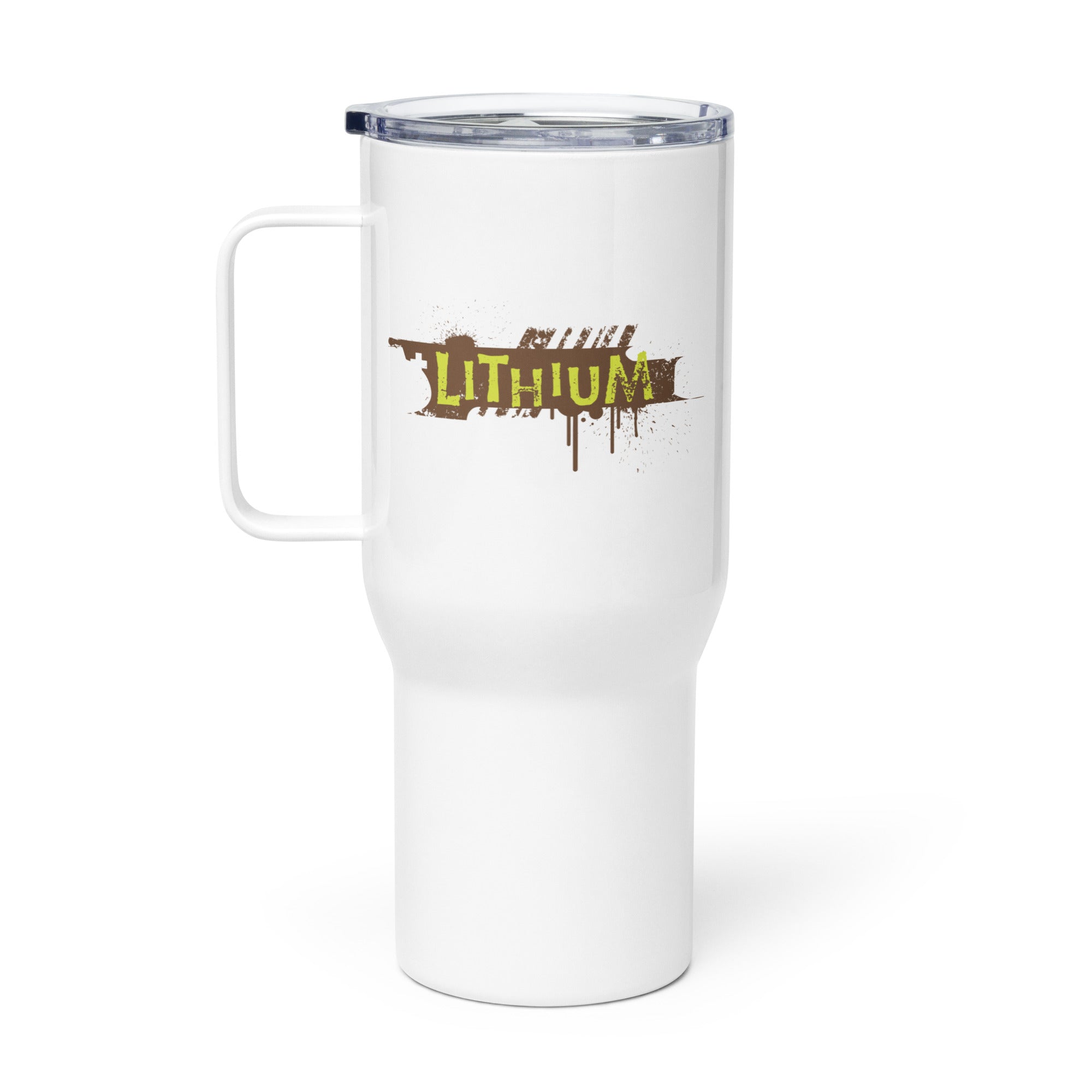 White travel mug with a 'LITHIUM' graphic in green and brown, showcasing a modern design.