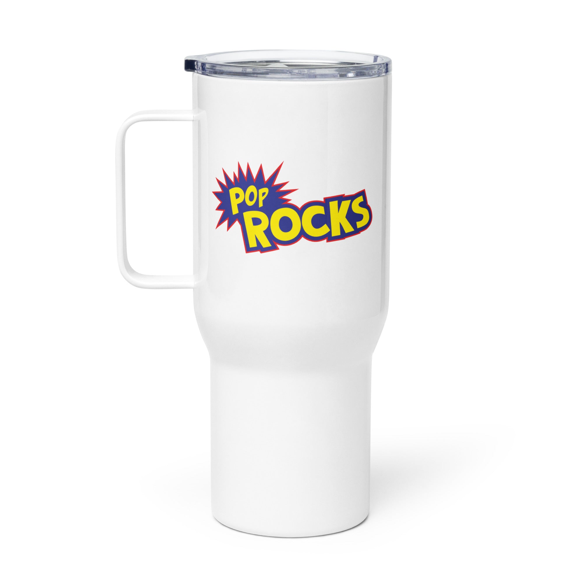 White travel mug featuring the colorful 'Pop Rocks' logo with a starburst design.