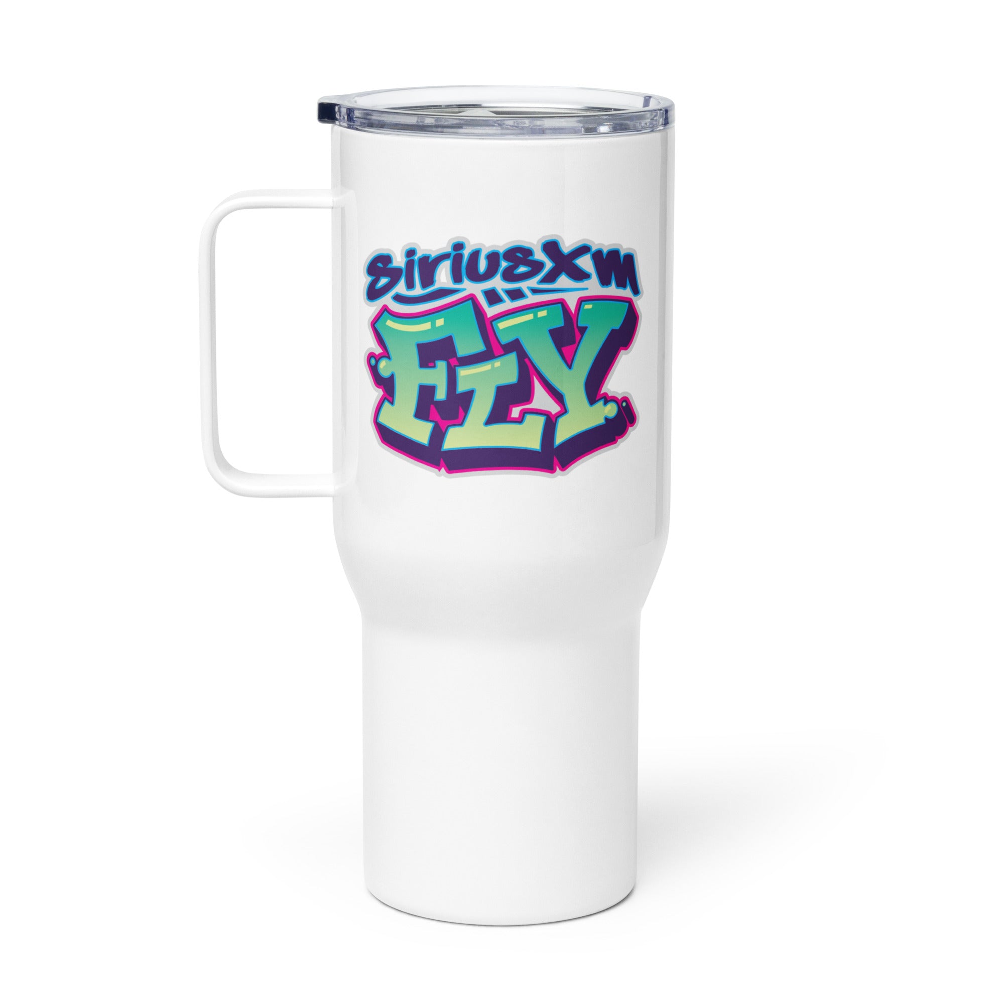 White travel mug with a colorful 'siriusxm FLY' graffiti-style logo.