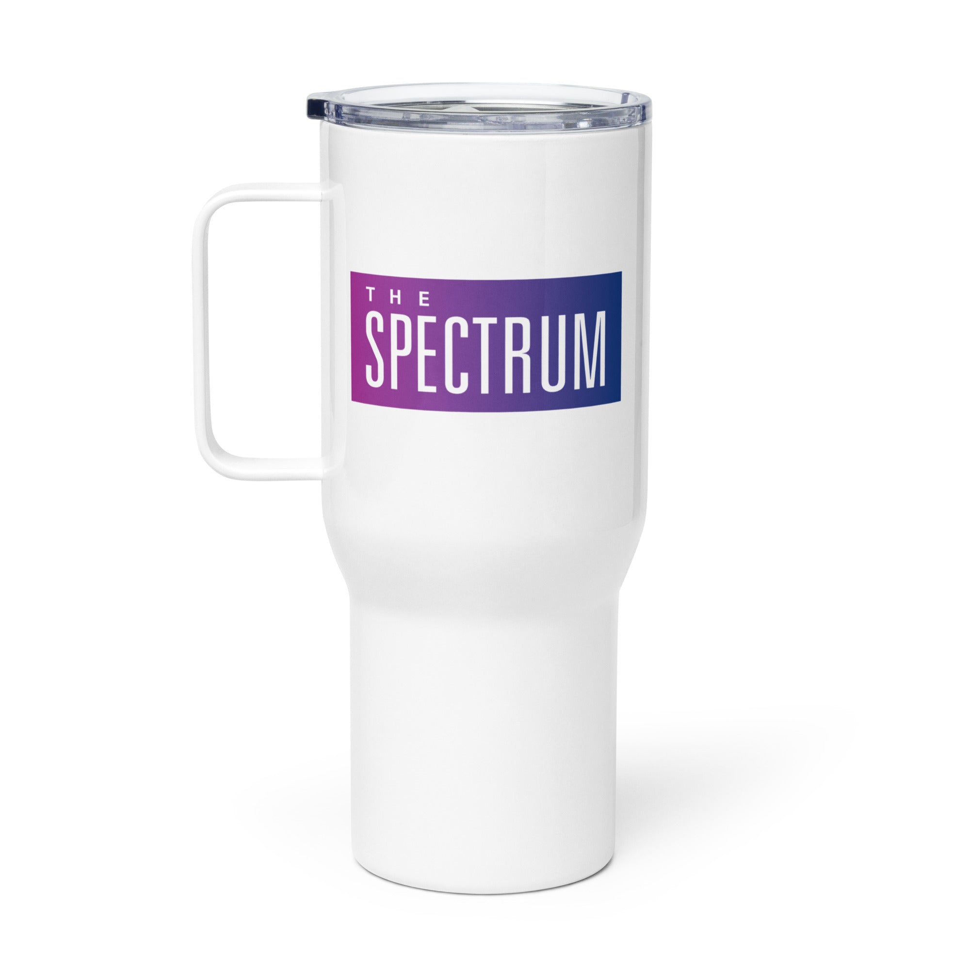 A white travel mug with a handle featuring the logo 'THE SPECTRUM' in a gradient design.