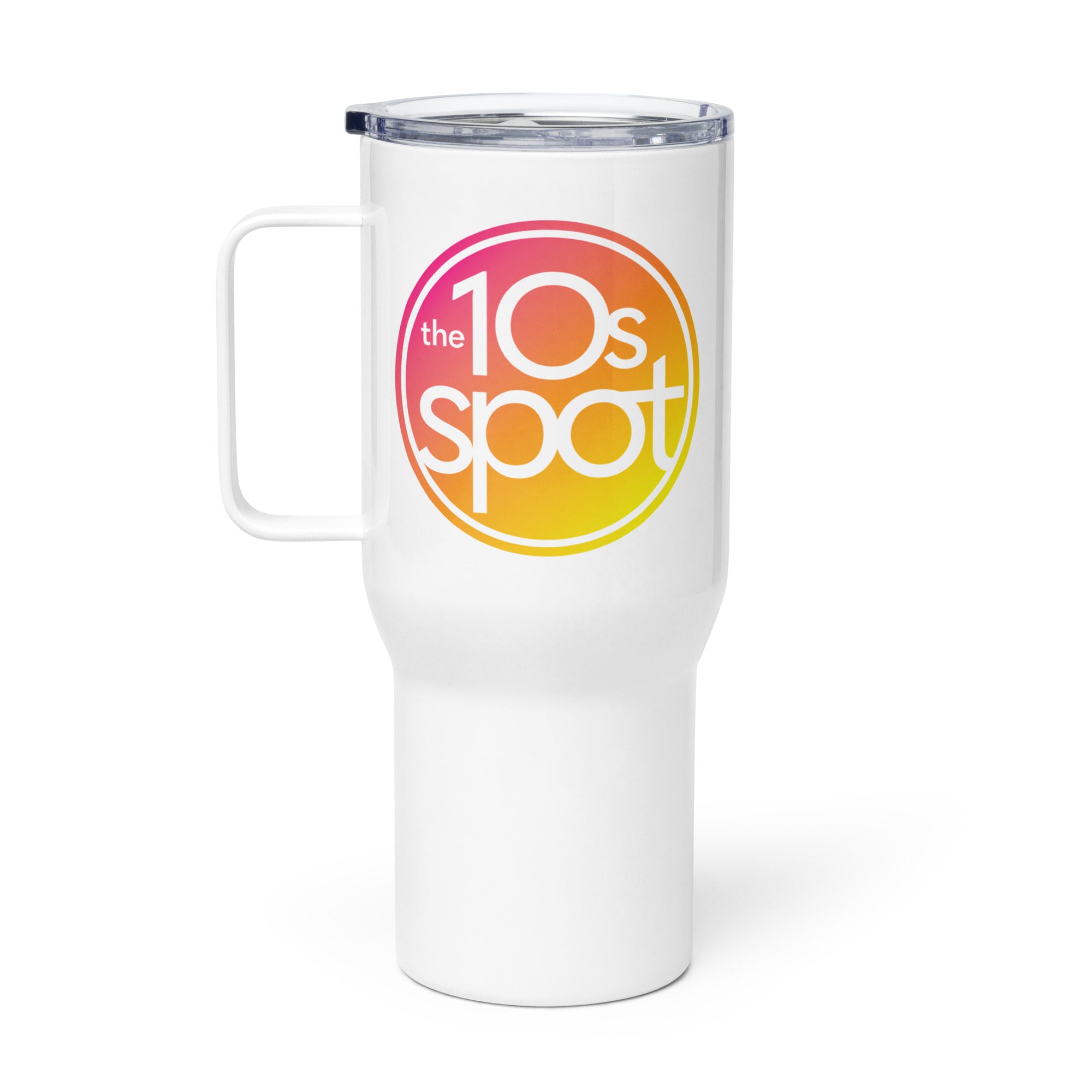 White travel mug with a colorful gradient logo reading 'the 10s spot.' Features a clear lid and a sturdy handle.