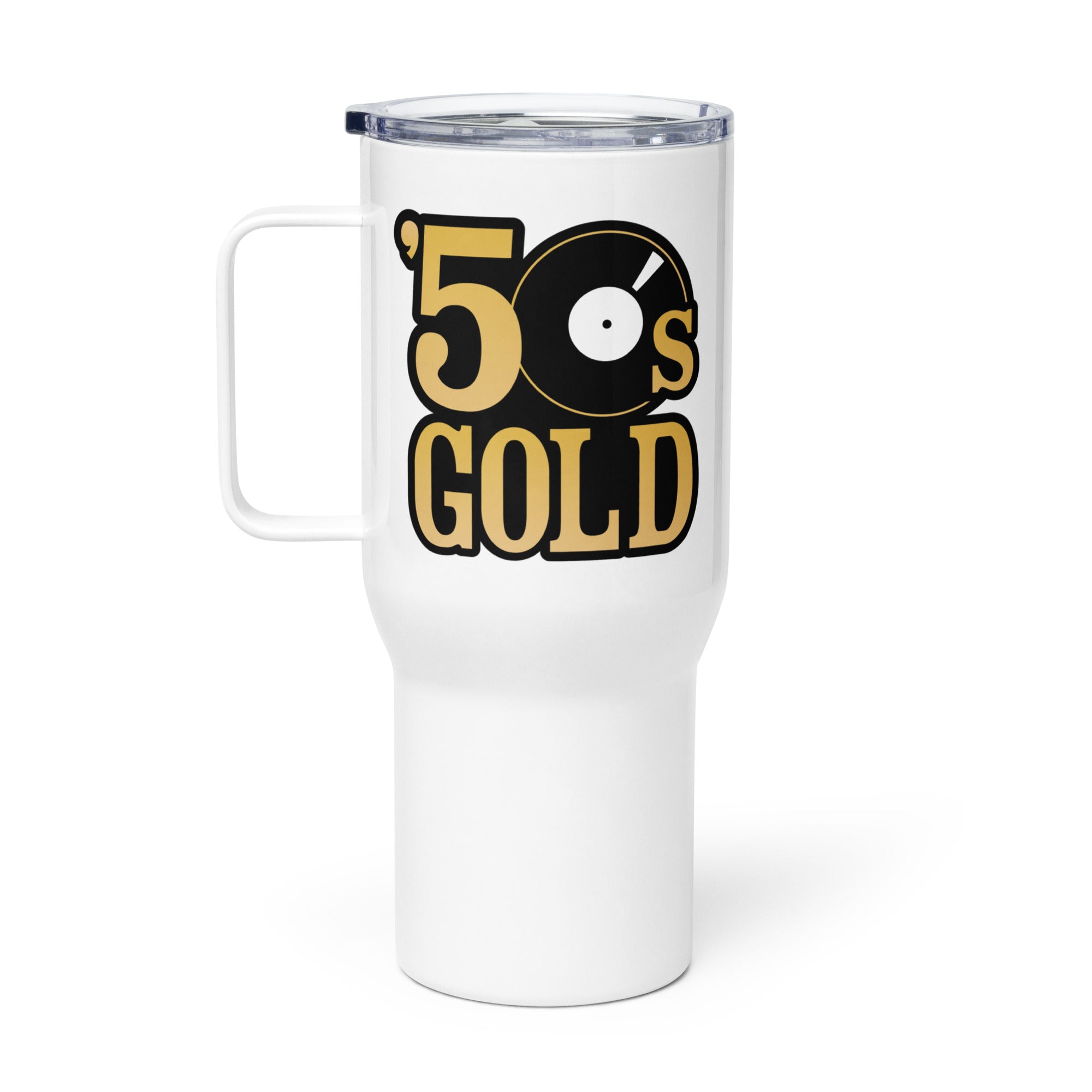 White travel mug with '50s GOLD' text and vinyl record graphic.