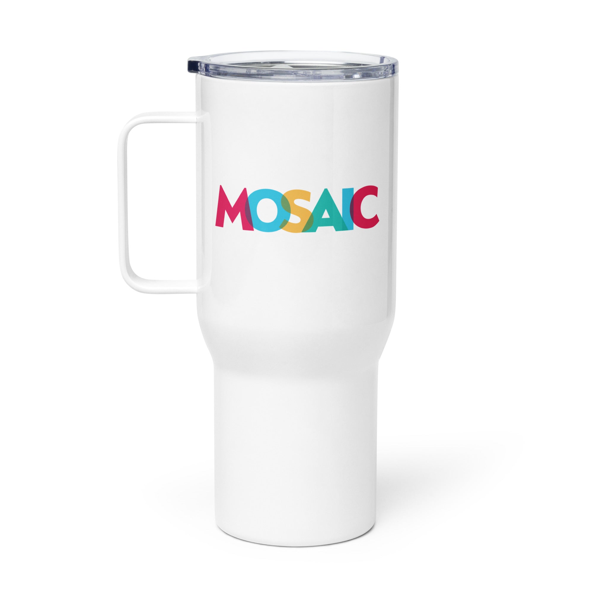 White travel mug with a colorful 'MOSAIC' logo design.