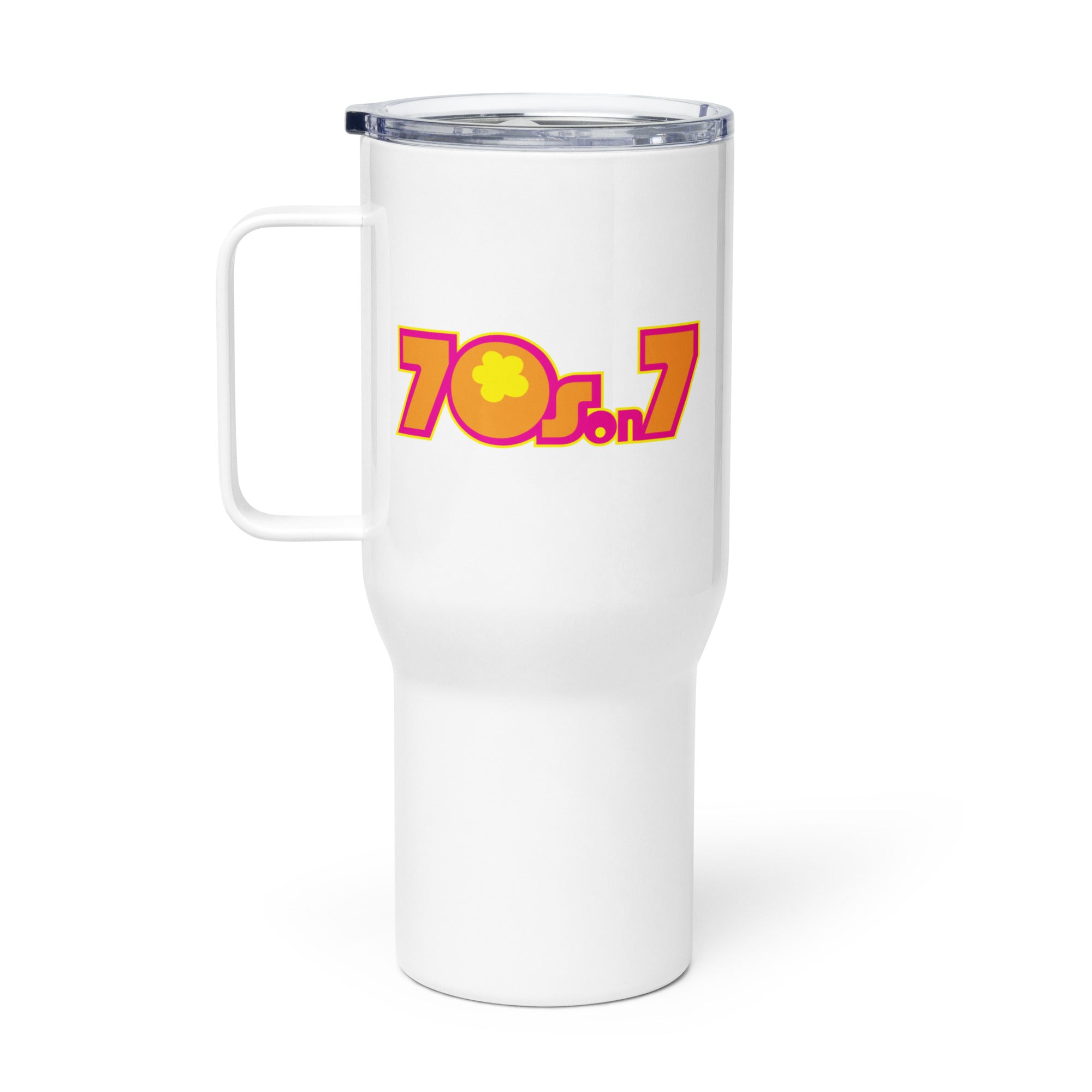 White travel mug with colorful '70s on 7' logo and a handle.