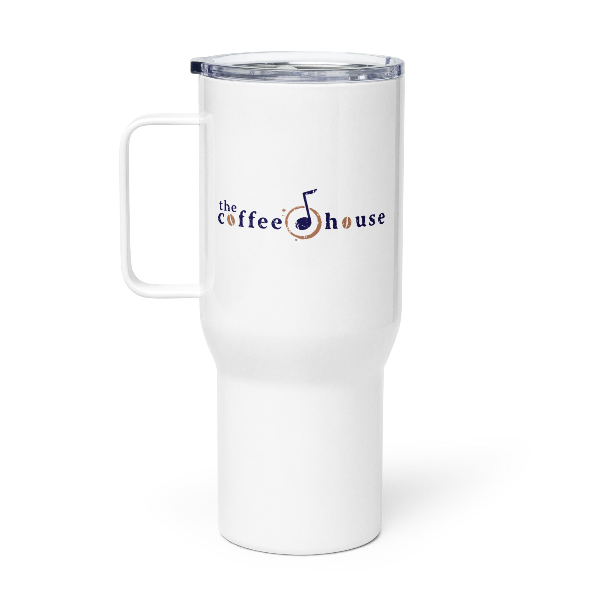 White travel mug with a blue and brown logo that reads 'the coffee house.'