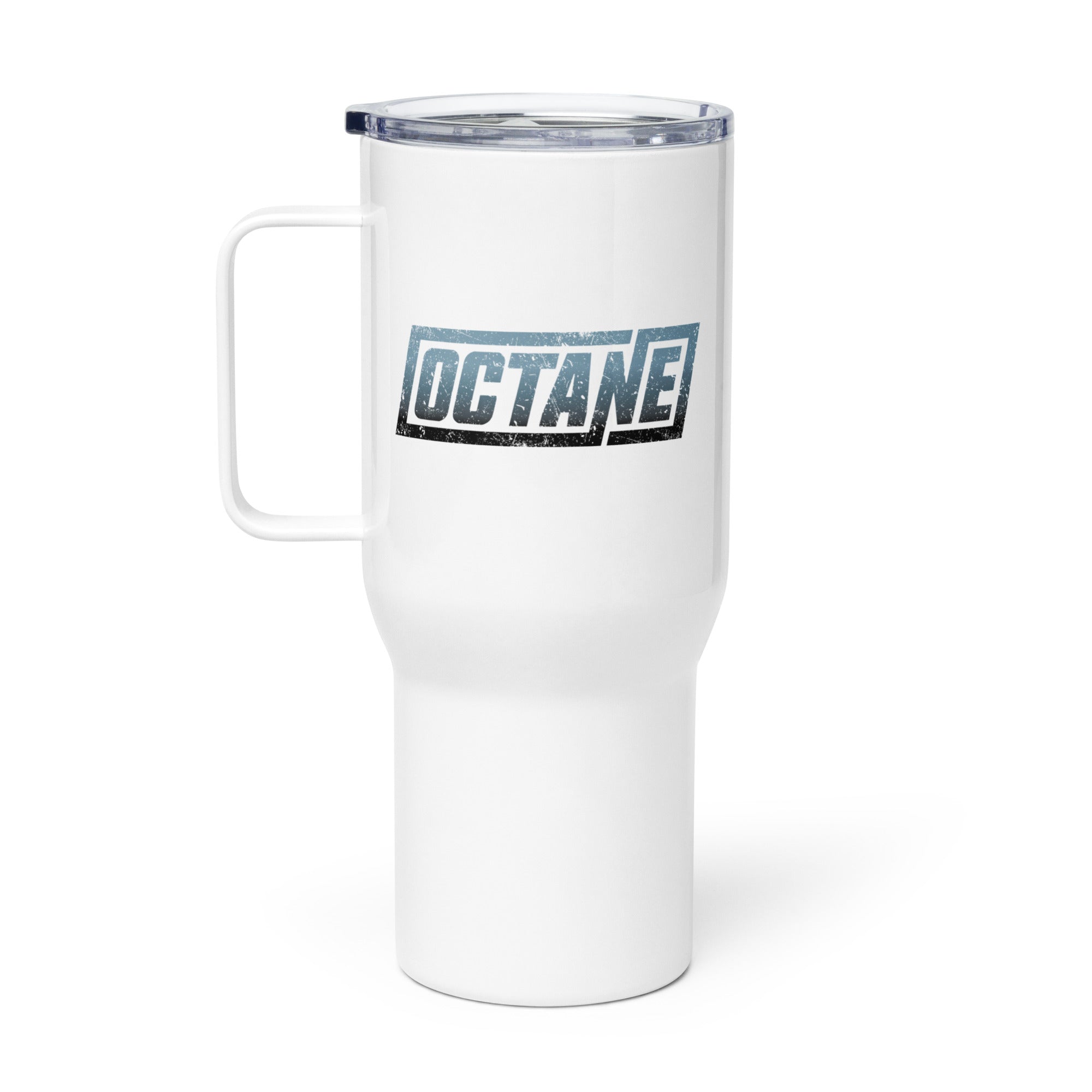 White travel mug with the text 'OCTANE' printed in blue and black.