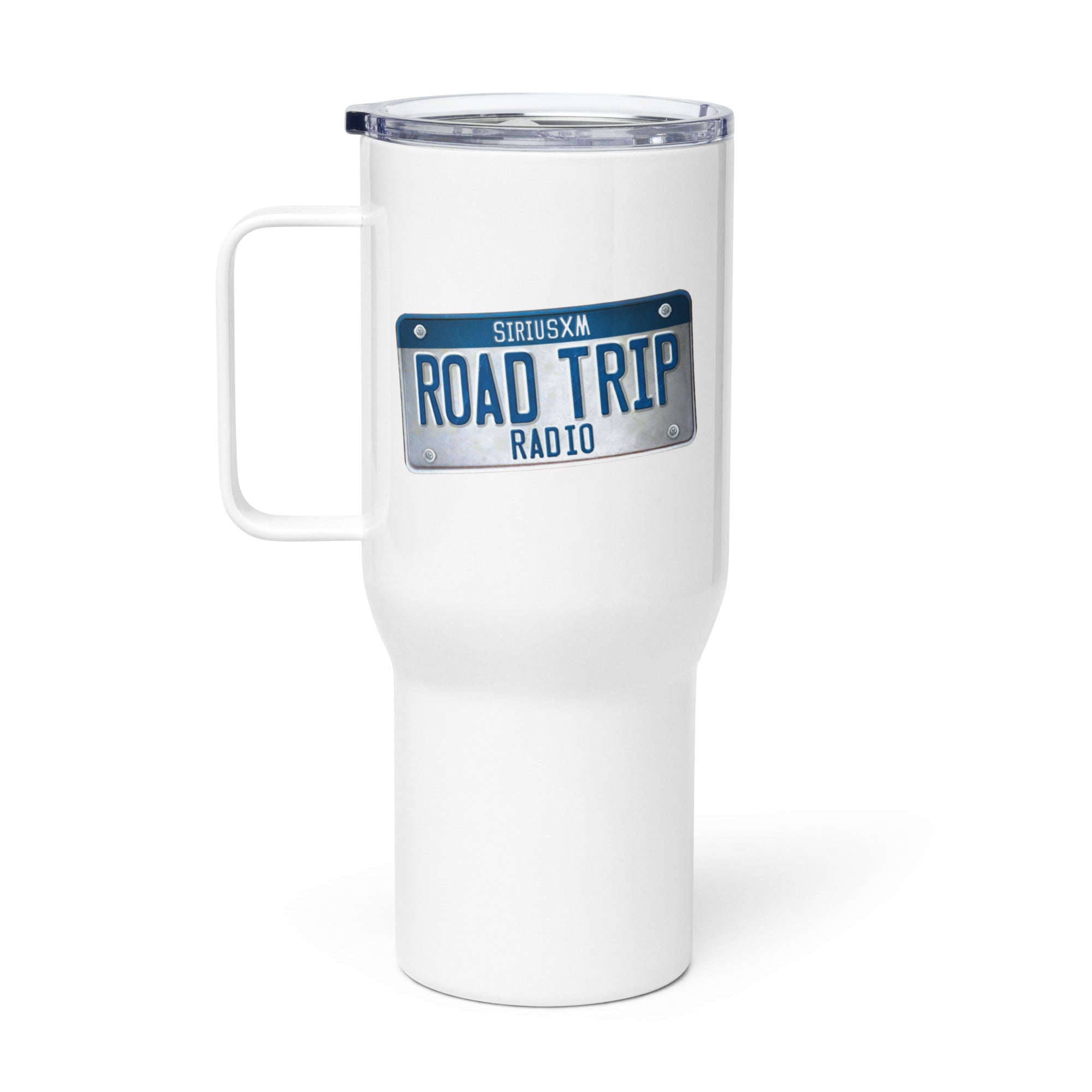 White travel mug featuring a design with 'ROAD TRIP RADIO' on a license plate.