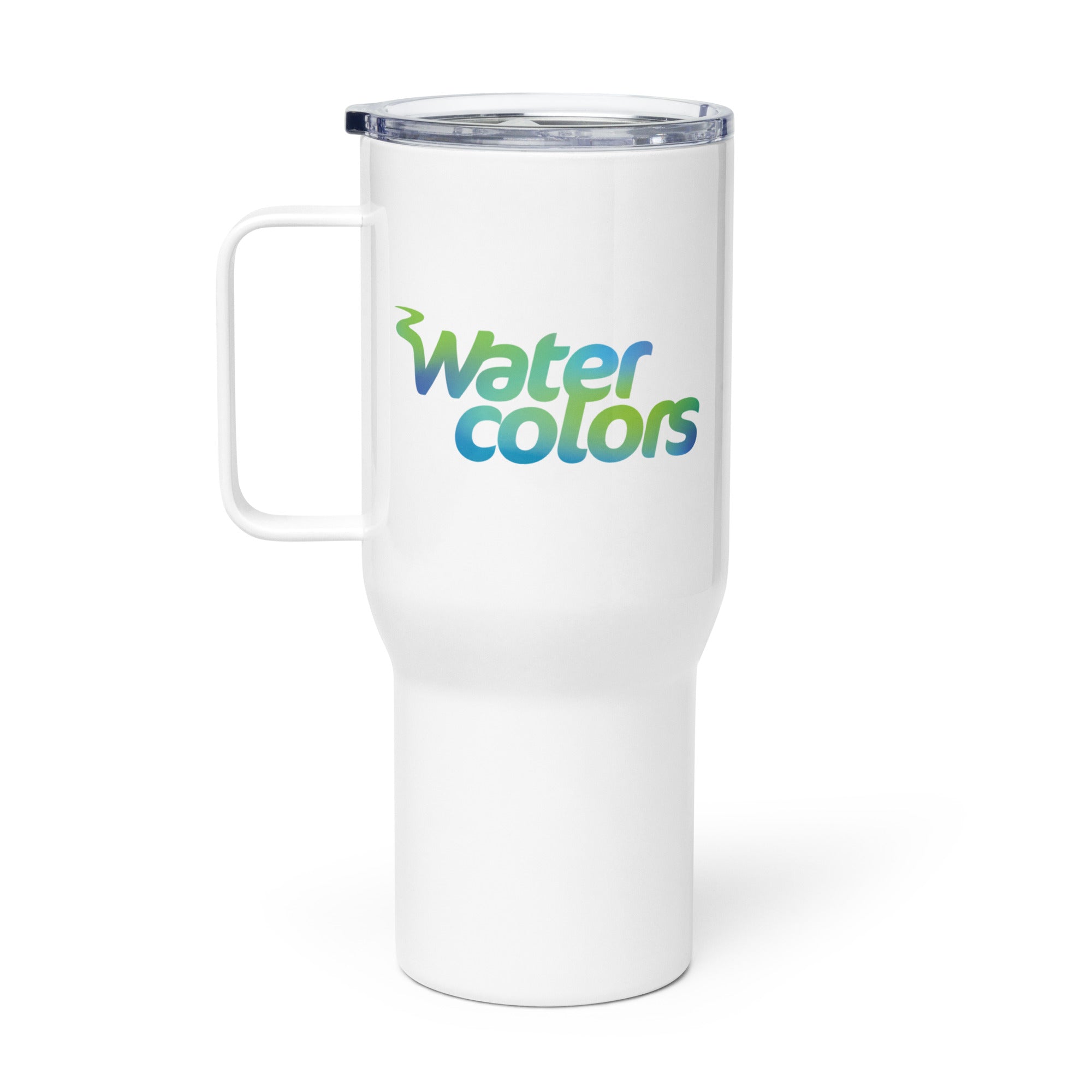 White travel mug with a handle and 'Water colors' logo in blue and green.