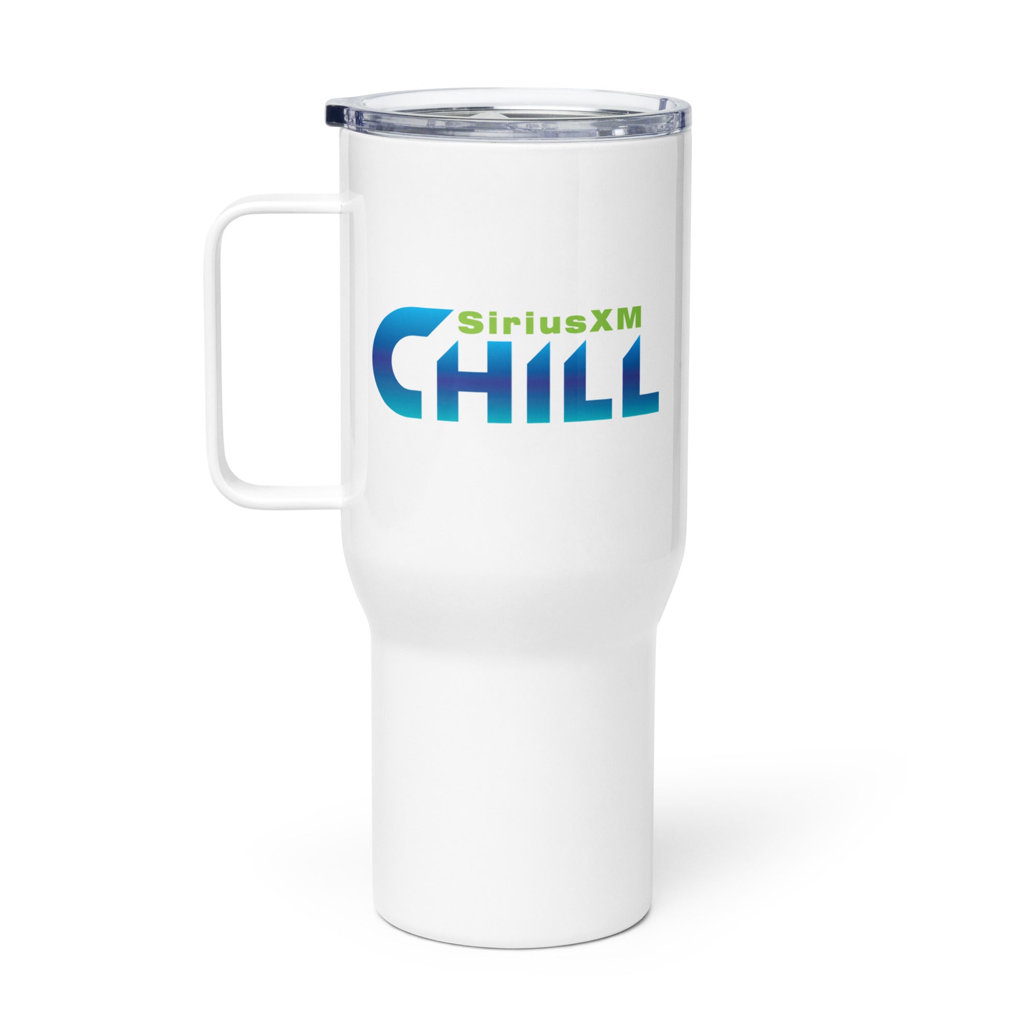 White travel mug with 'SiriusXM CHILL' logo in blue and green.