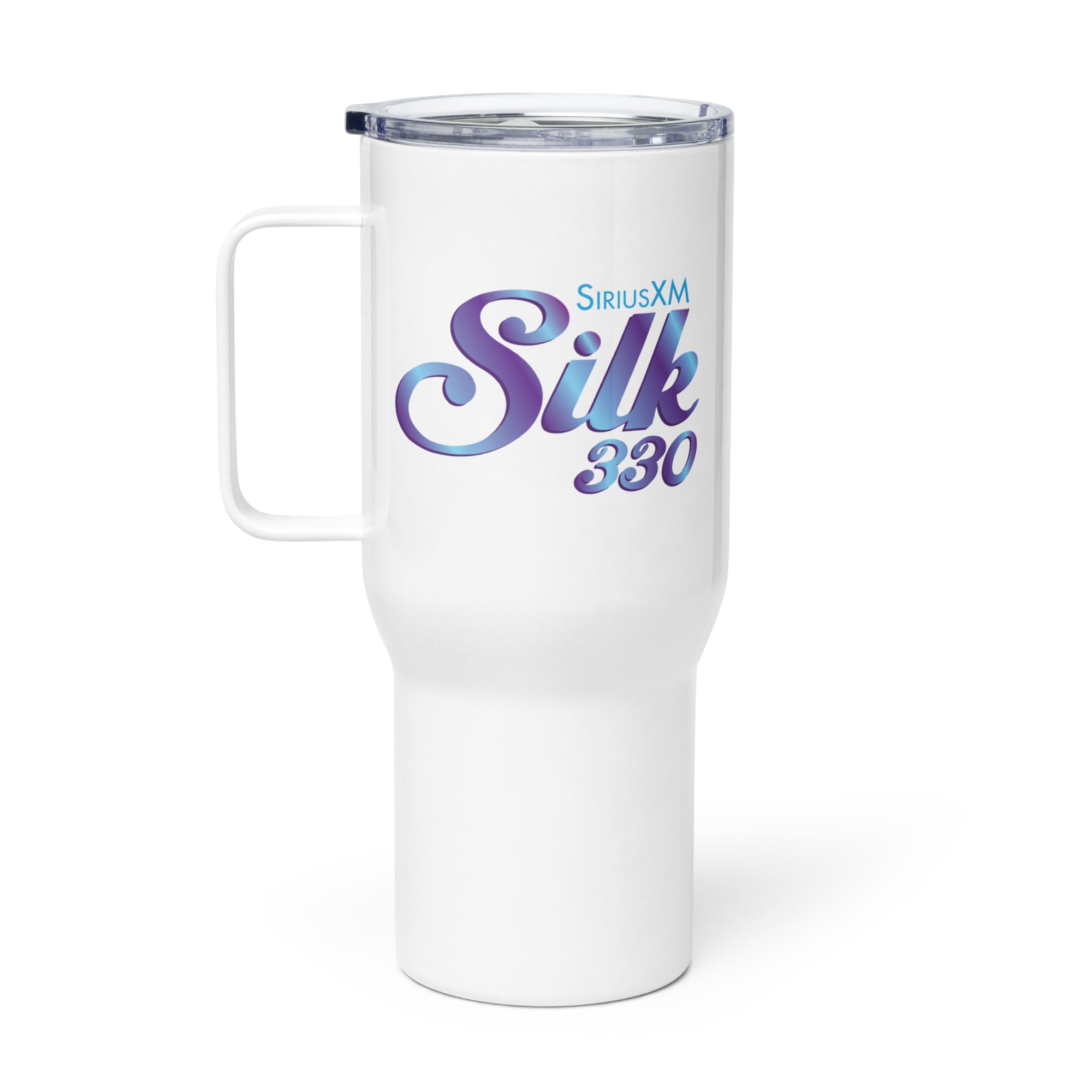 White travel mug featuring the 'SiriusXM Silk 330' logo.