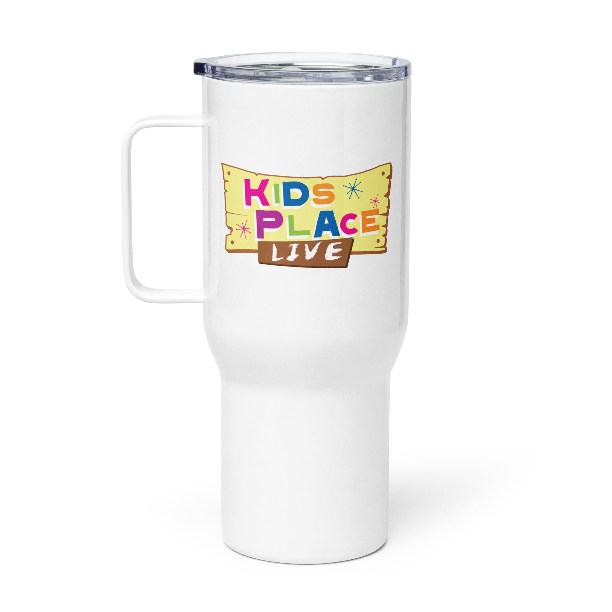 White travel mug with 'KIDS PLACE LIVE' logo on a colorful sign.