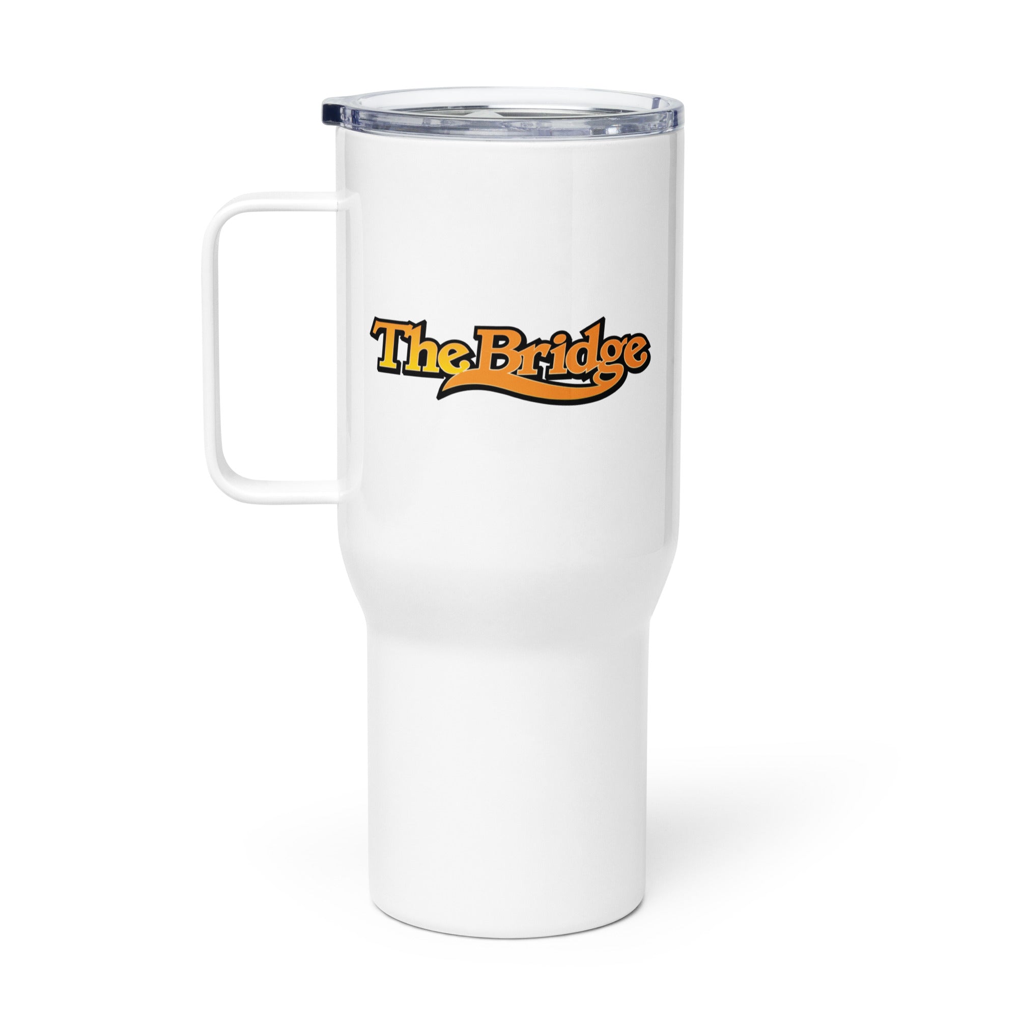 White travel mug featuring 'The Bridge' logo in orange and black.