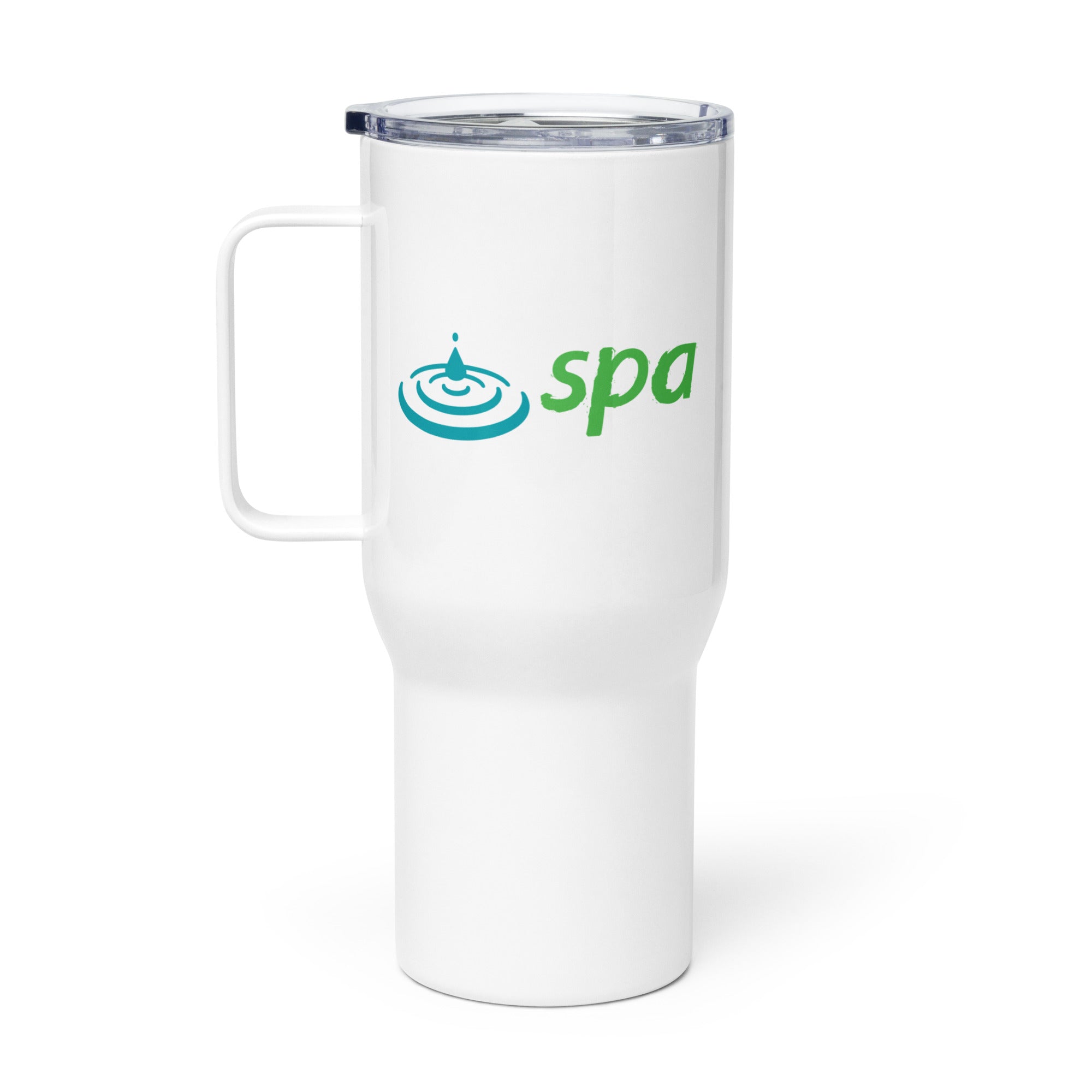 White travel mug with a blue water ripple design and green 'spa' text.