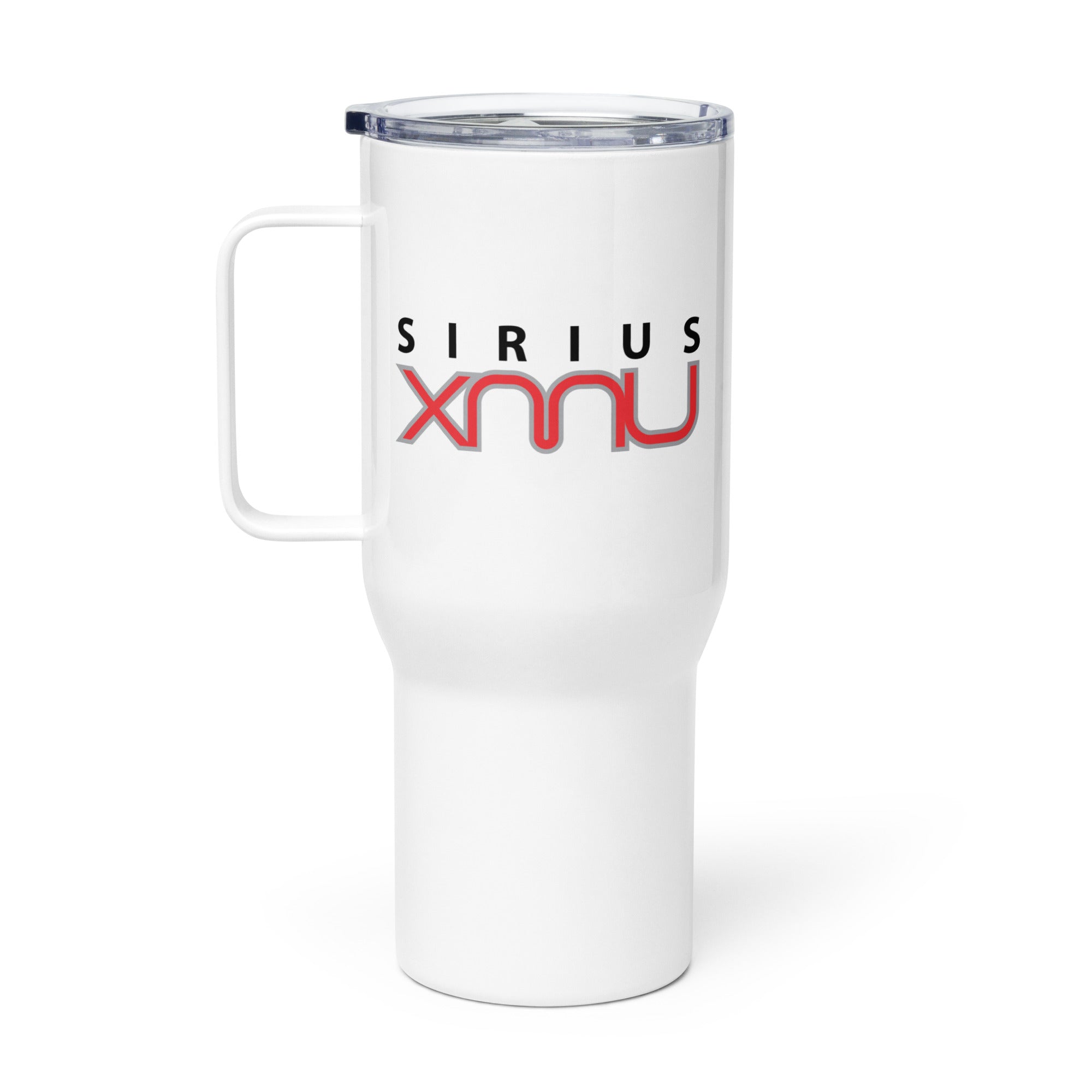 White travel mug featuring the 'SIRIUS XMU' logo in black and red.
