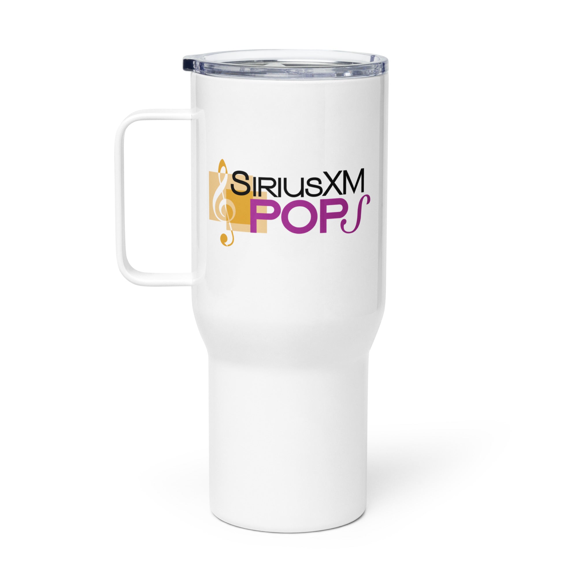 White travel mug featuring the 'SiriusXM POPS' logo in black and purple.