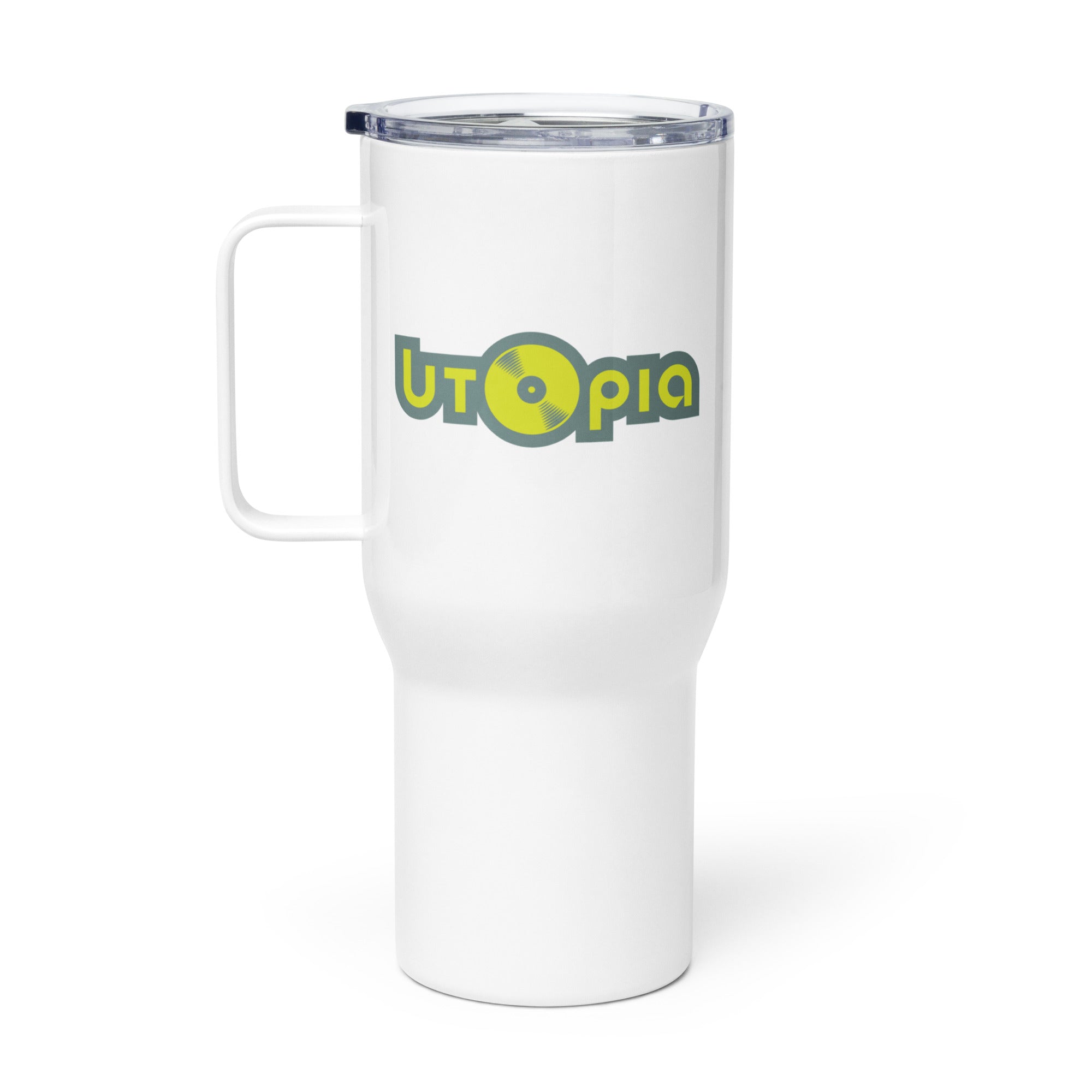 White travel mug with a handle featuring the logo 'Utopia' in green and yellow.