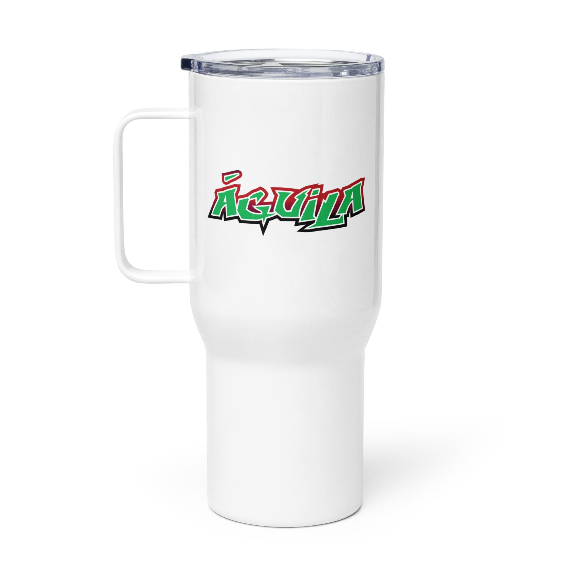White travel mug featuring the word 'Águila' in vibrant red and green graffiti-style lettering.
