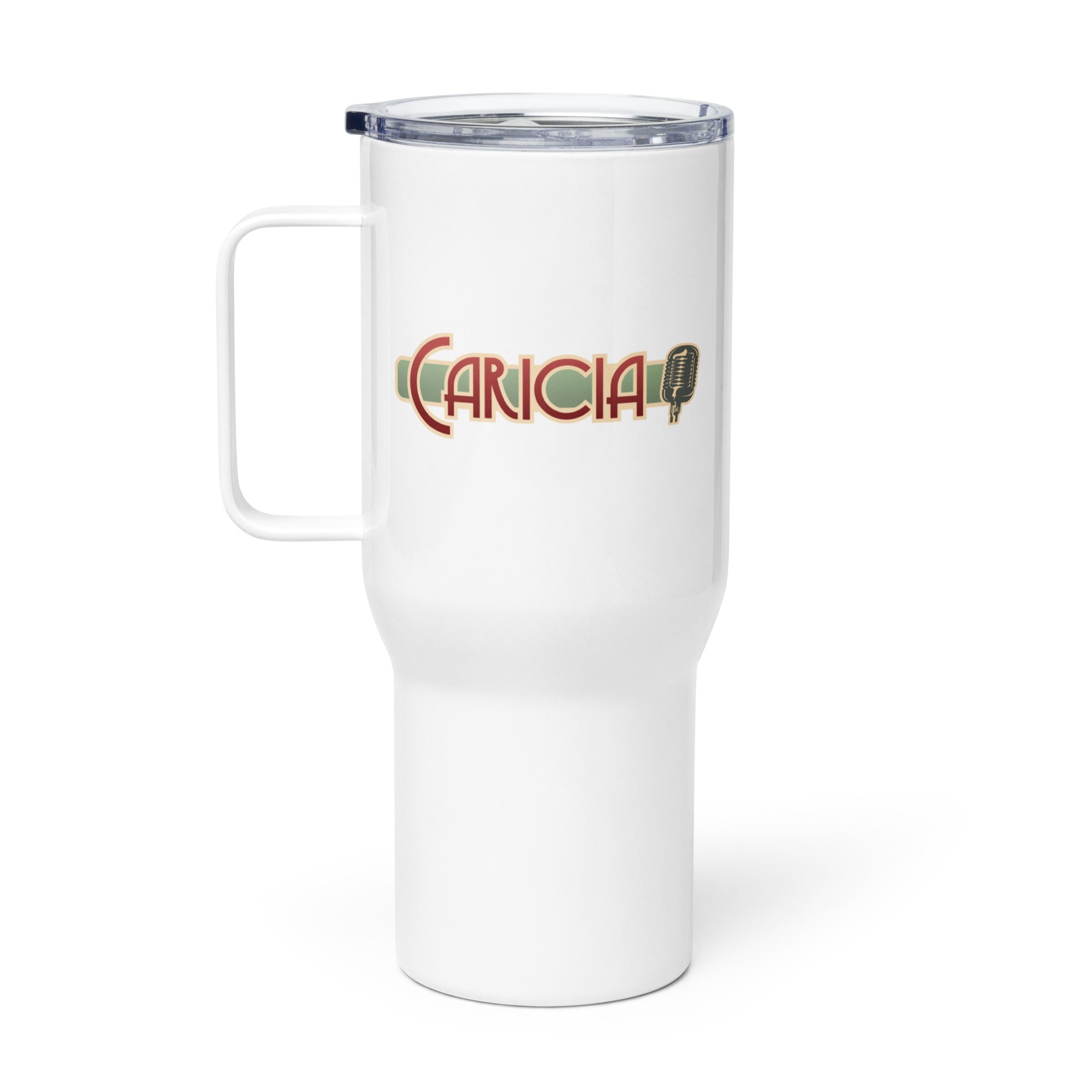 White travel mug with 'CARICIA' text and a microphone graphic.