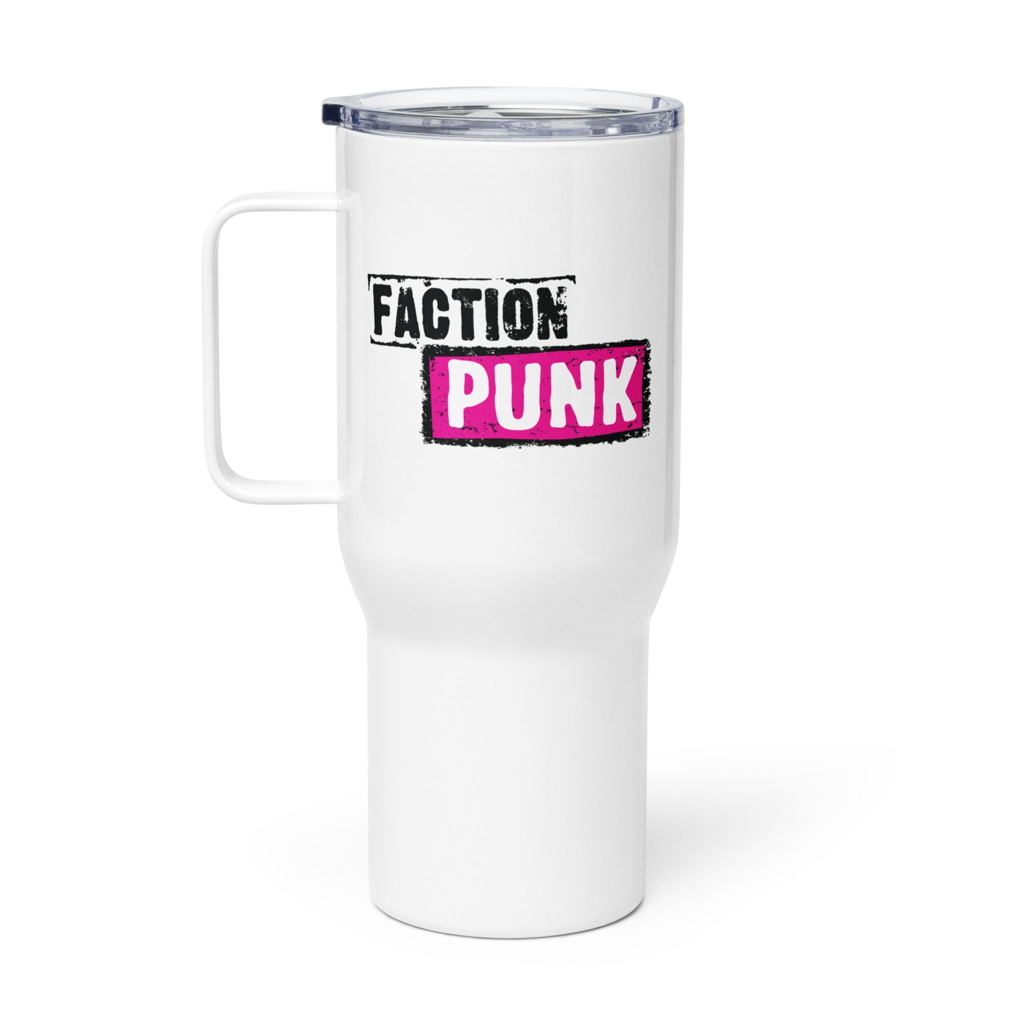 White travel mug with a handle, featuring the text 'FACTION PUNK' in black and pink colors.