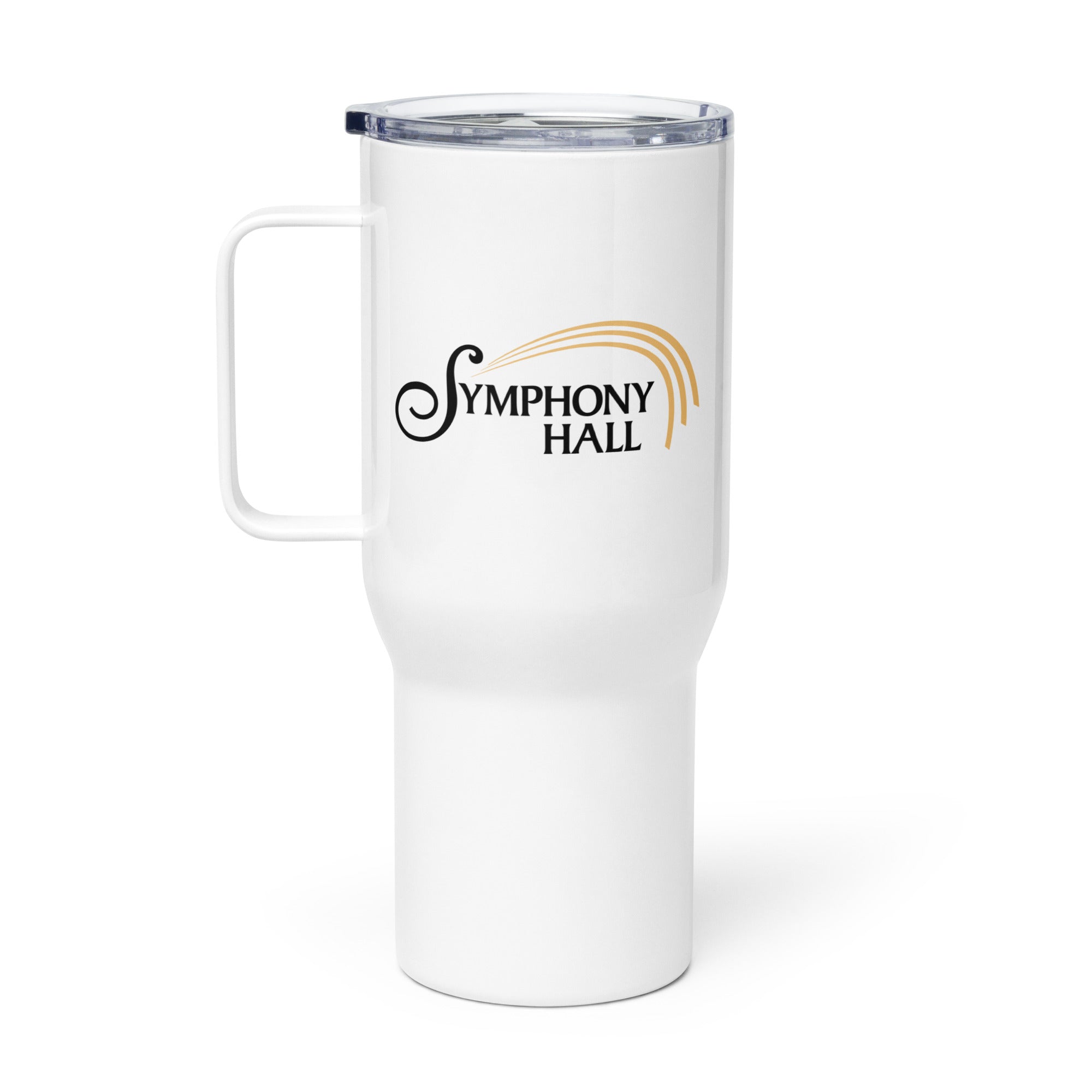 White travel mug with 'Symphony Hall' logo printed in black and gold. Clear lid and handle on the side.