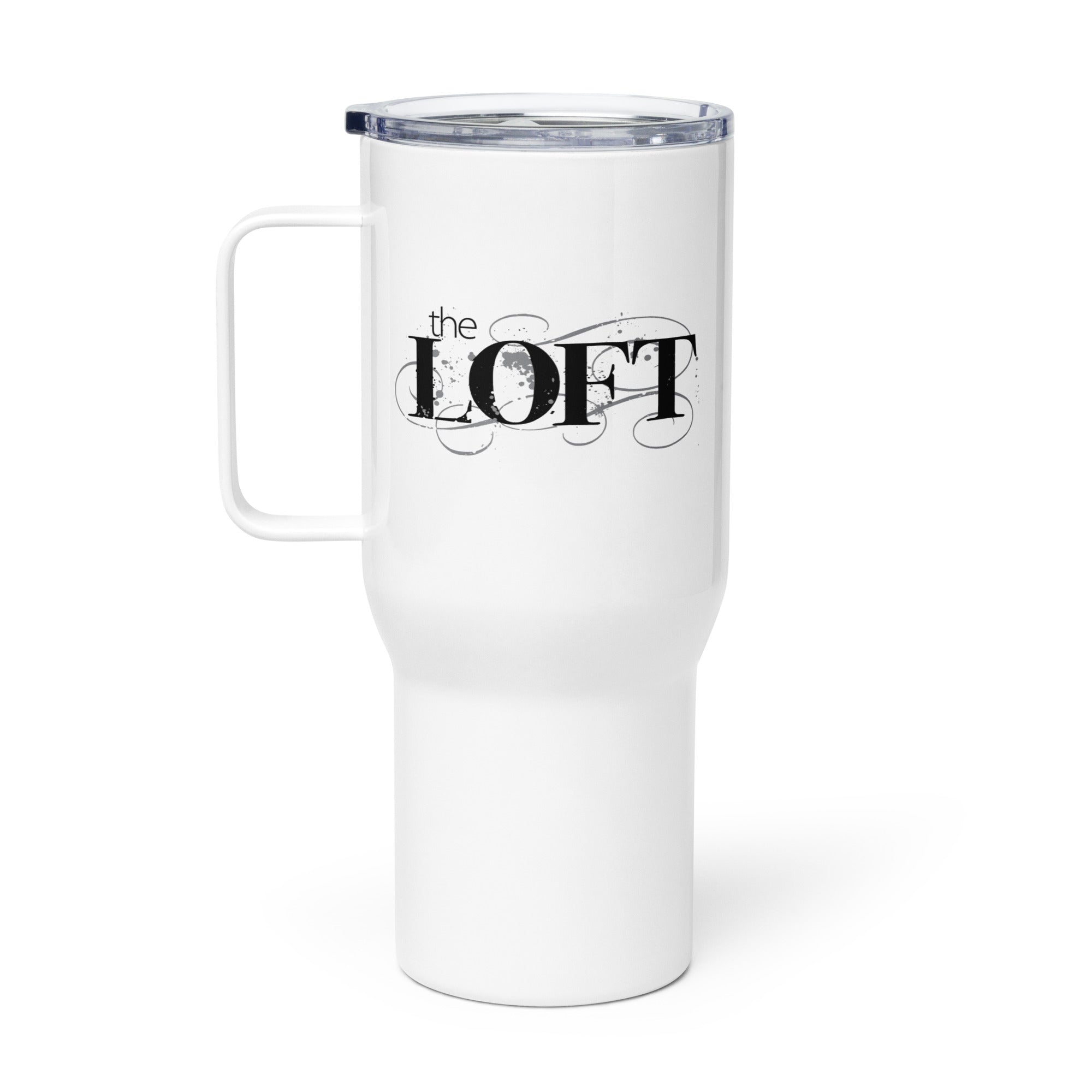 White travel mug with a logo that reads 'the LOFT' in stylized black text.